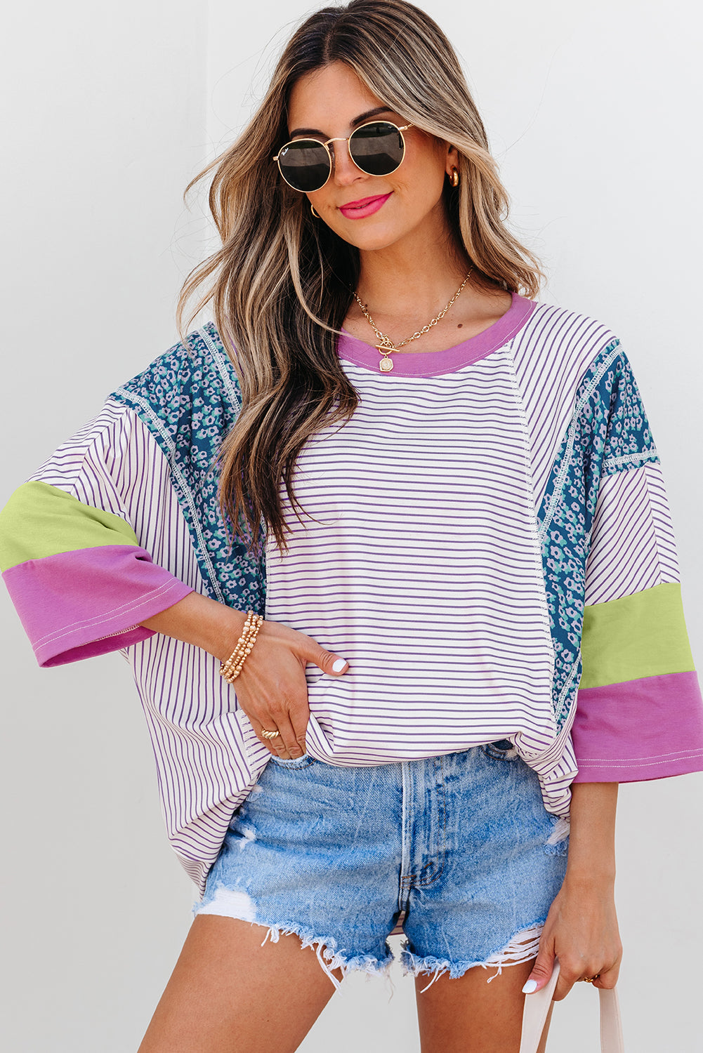 Floral Color Block Raw Edge Patchwork Bracelet Sleeve Blouse