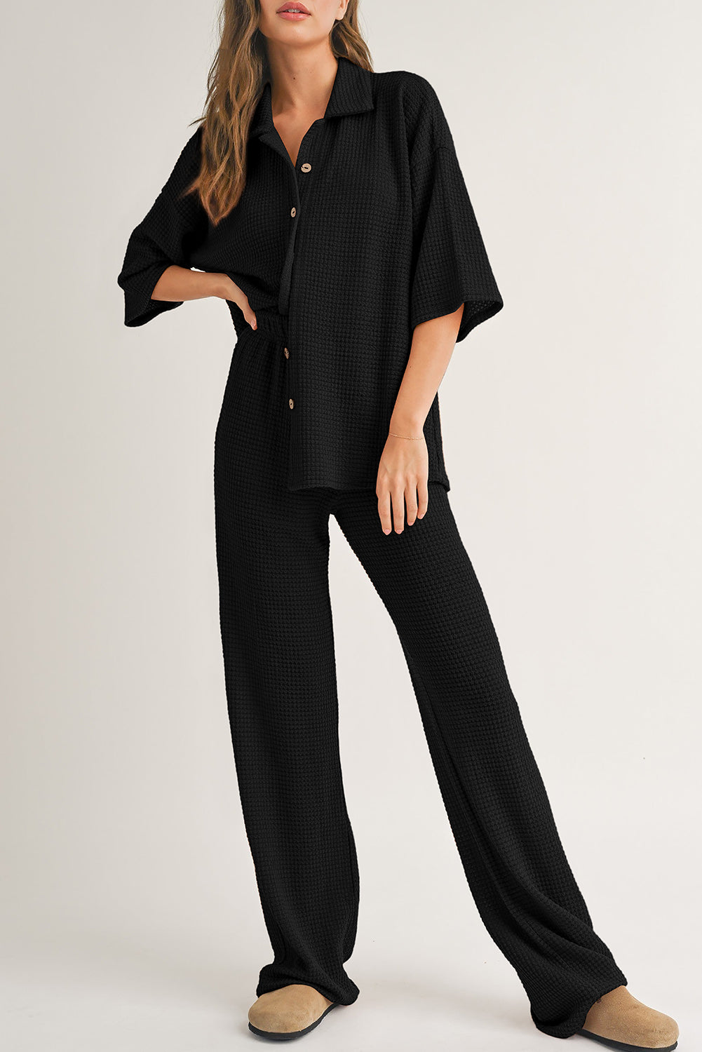 Solid Color Textured Buttoned Shirt and Casual Pants Set