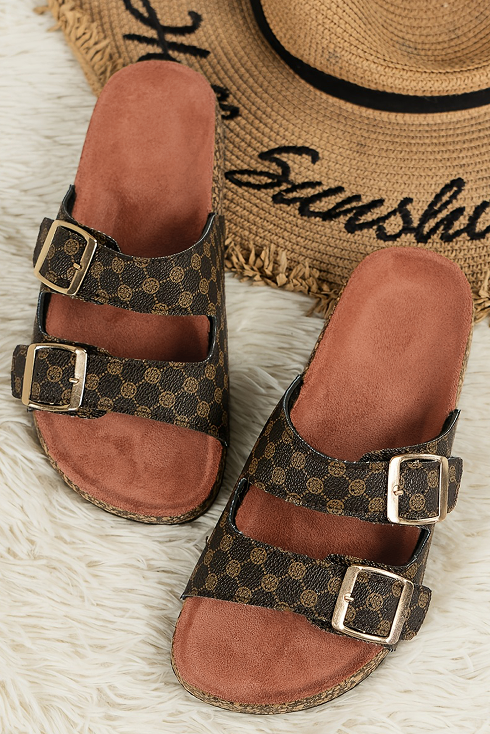 Geometric Print Cut Out Buckle PU Leather Flat Sandals
