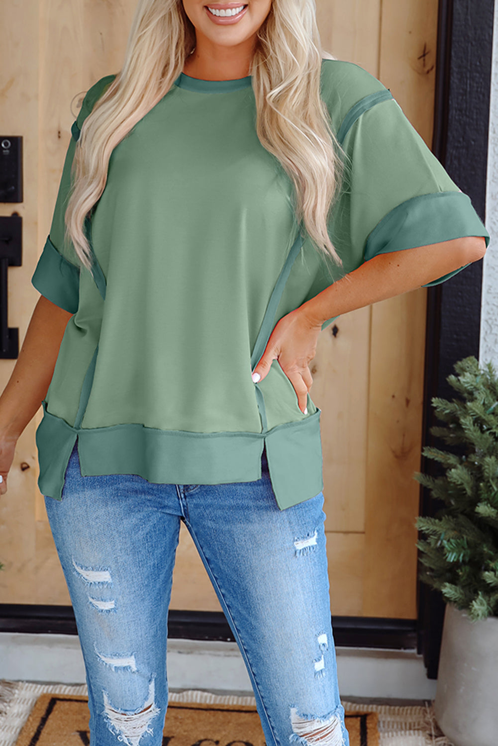 Half Sleeve Raw Seam High Low Side Split Top