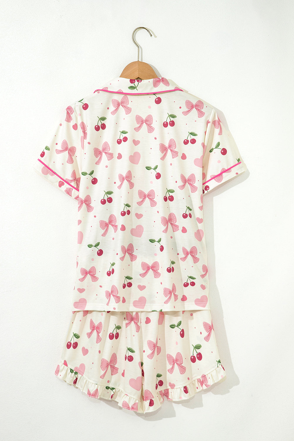 Bow Fruit Print Contrast Pipping Short Pajamas Set