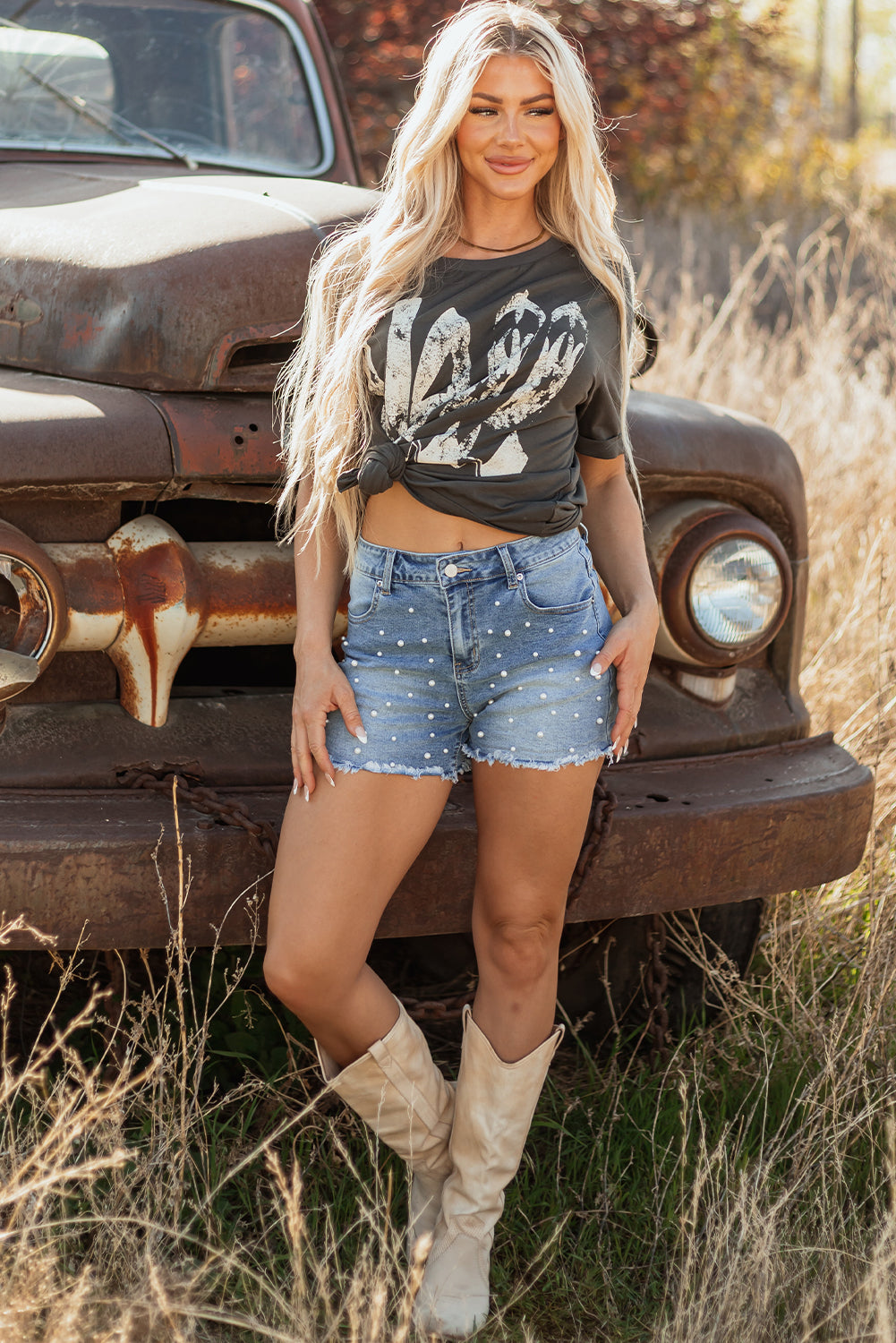 Pearl Beaded Raw Hem Medium Wash Denim Shorts