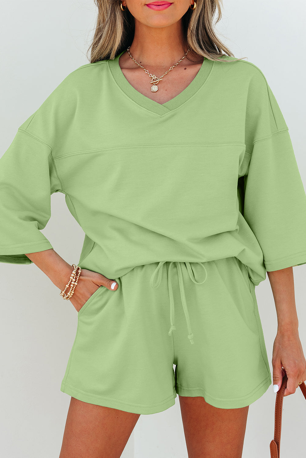 Solid Loose V Neck Half Sleeve Tee and Shorts
