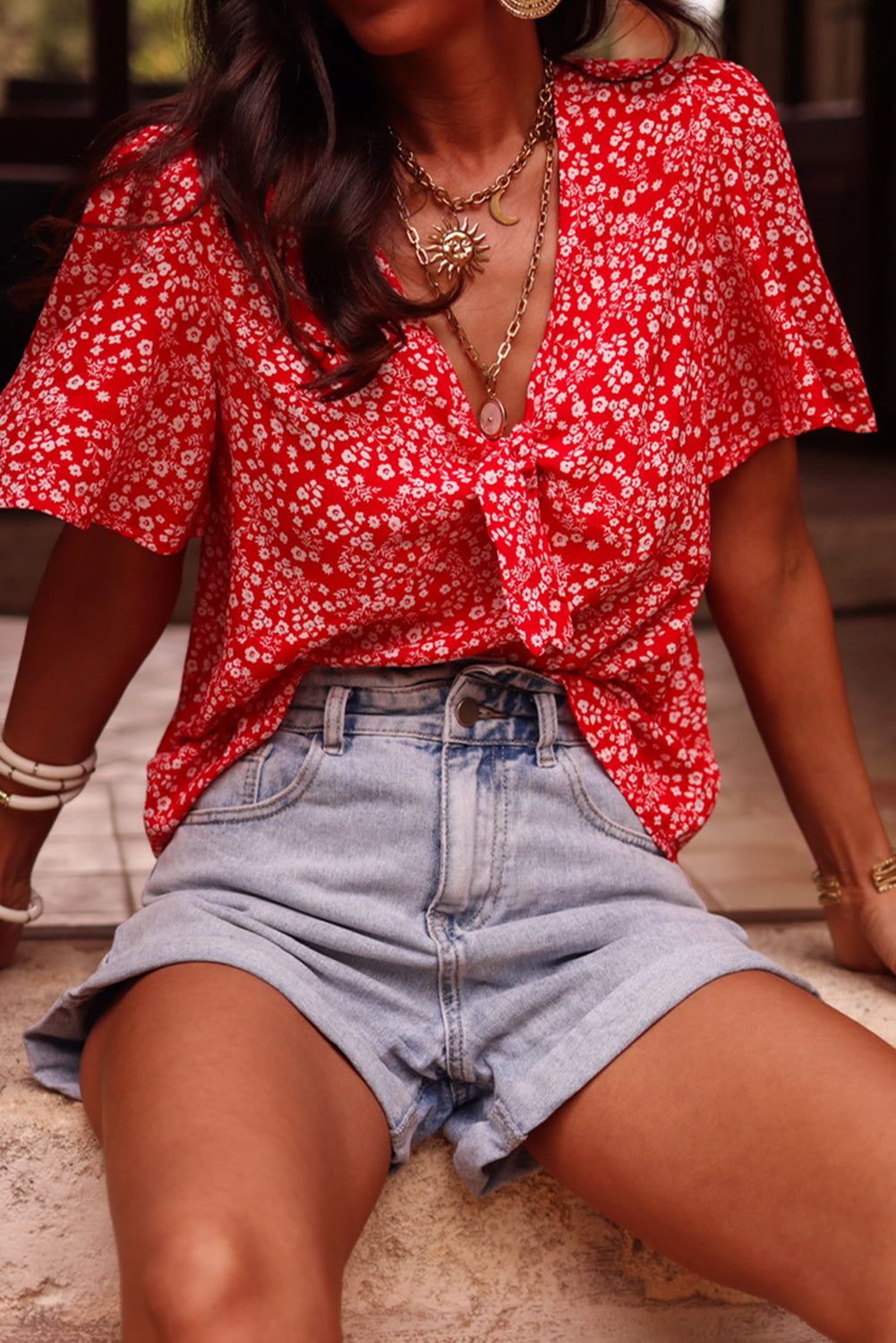 Boho Floral Printed Half Sleeve Knotted V Neck Blouse