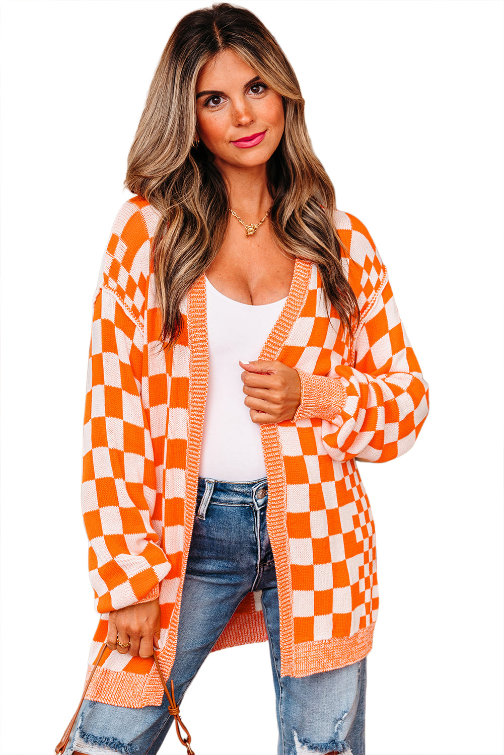 Checkered Open Front Drop Shoulder Cardigan