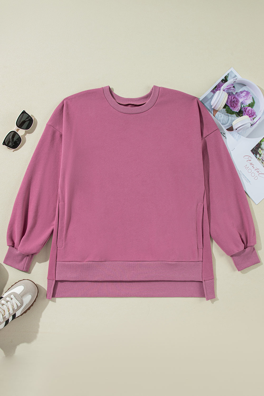 Solid O Neck High Low Hem Pullover Sweatshirt