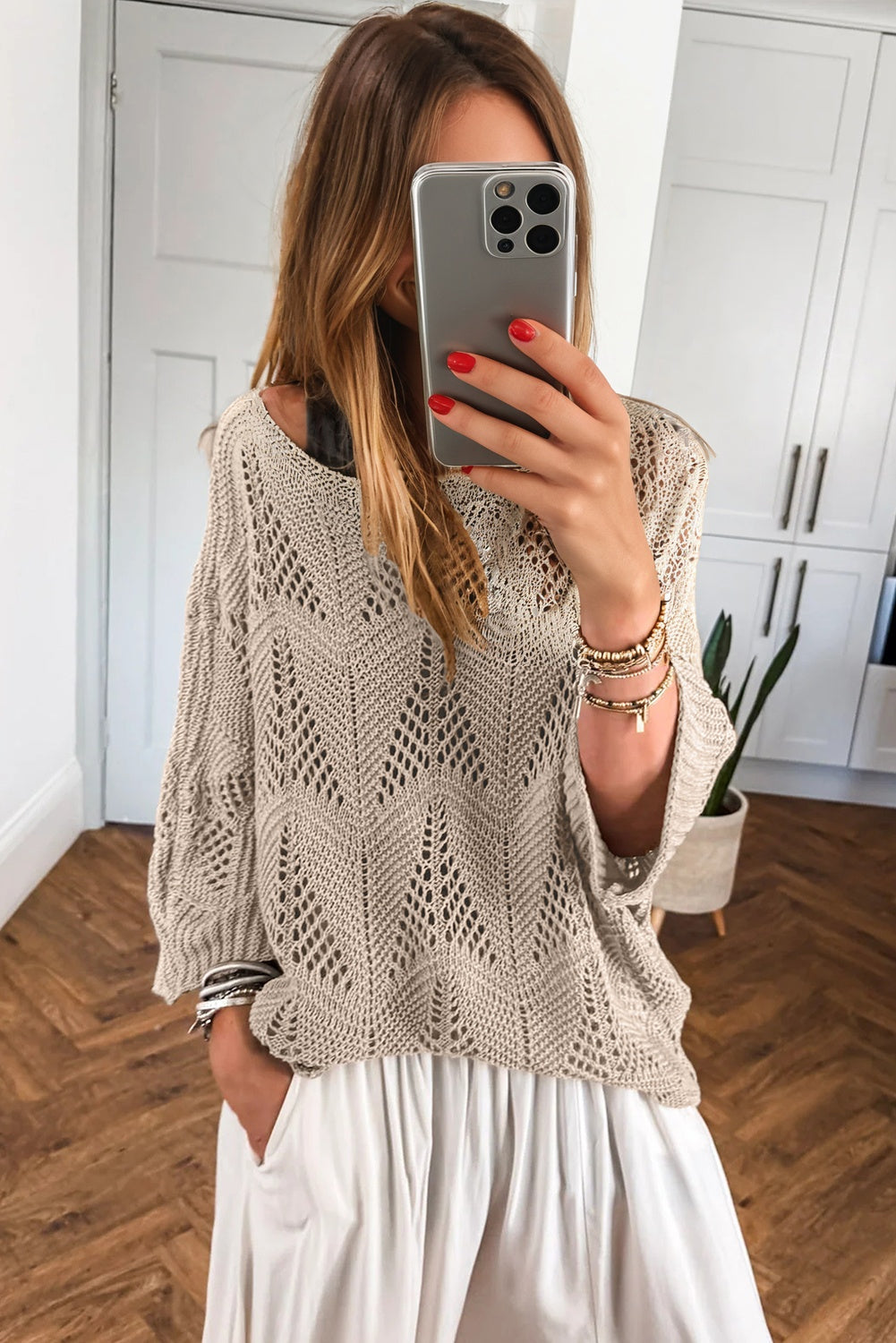 Hollow Out Knit 7/8 Sleeve Casual Sweater