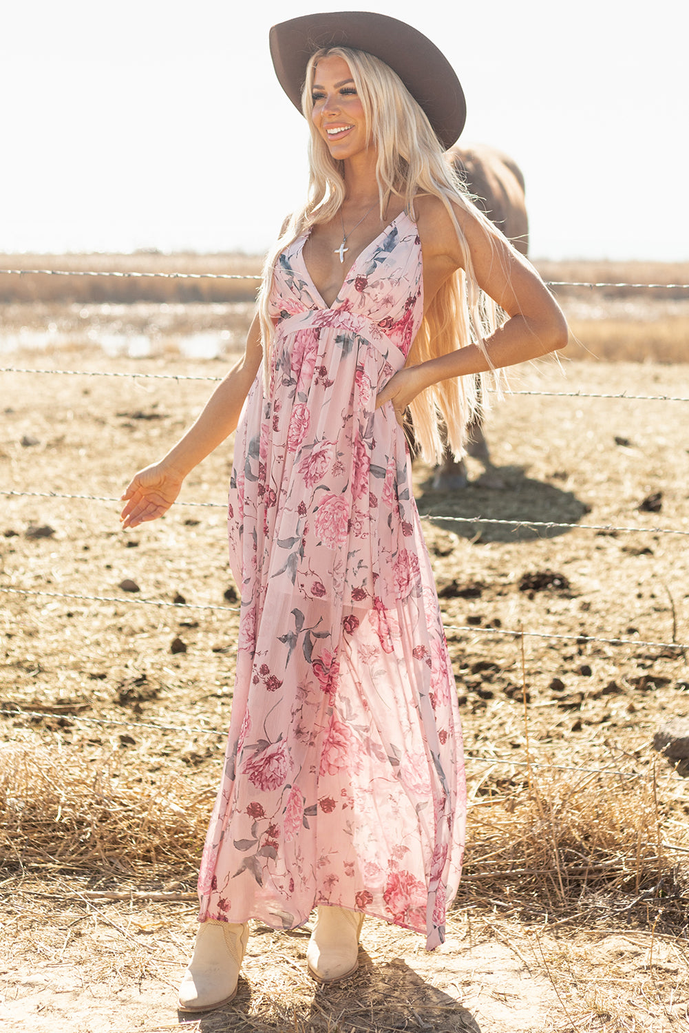 Floral Pleated Bust Deep V Empire Waist Backless Maxi Dress