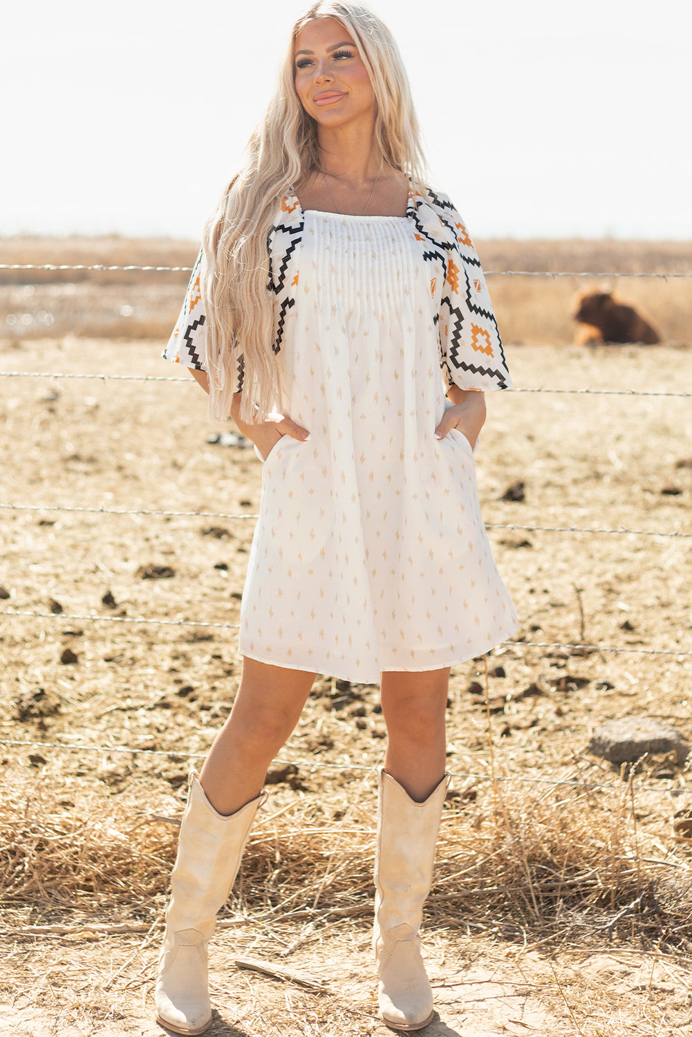 Western Aztec Print Pleated Square Neck Loose Mini Dress
