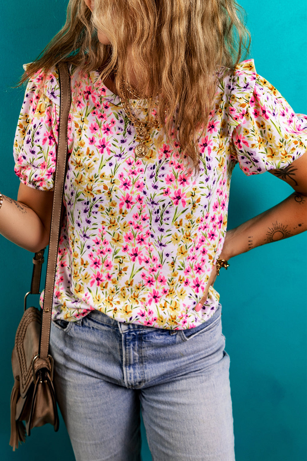 Floral Puff Short Sleeve Crewneck Blouse