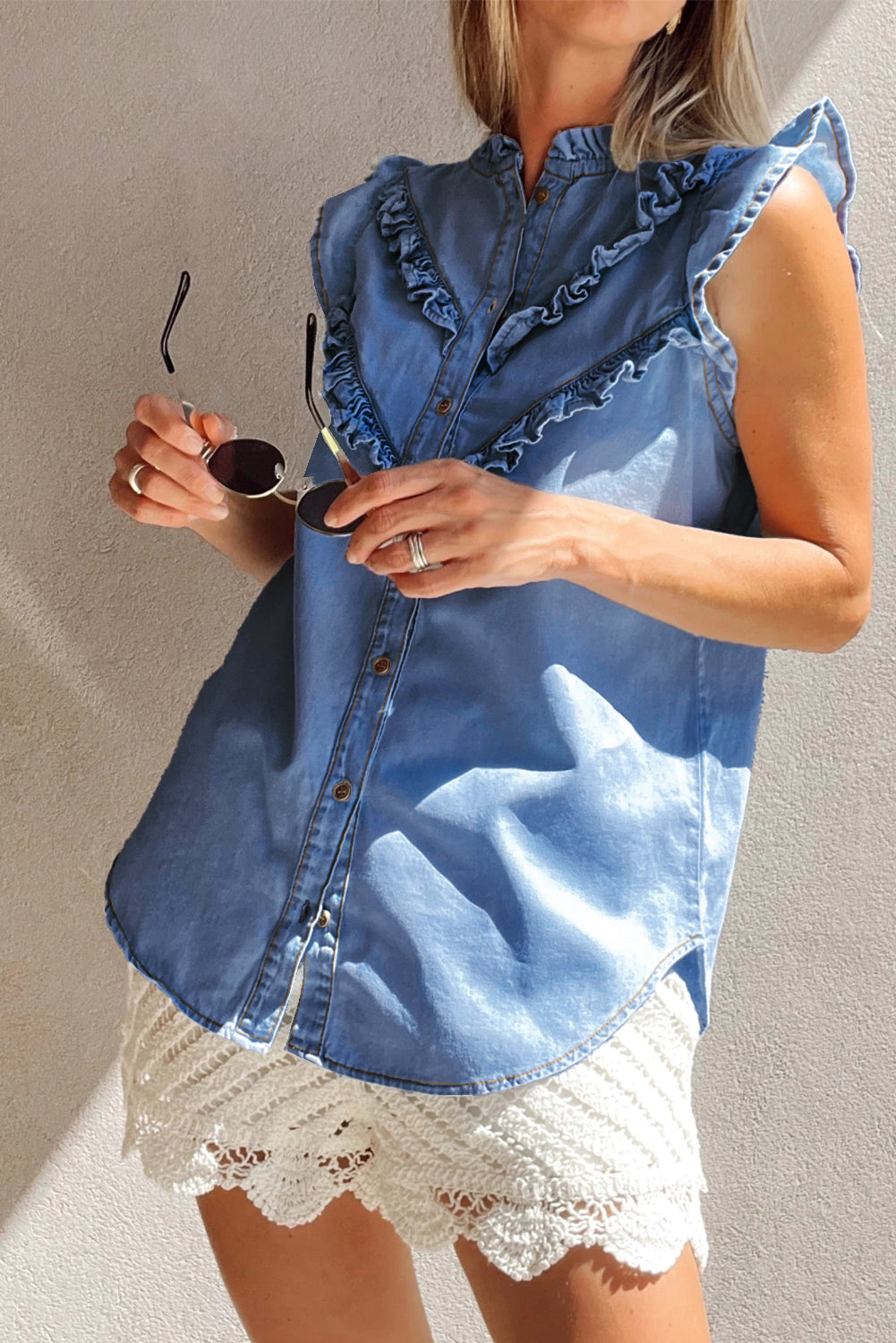 Mineral Wash Cap Sleeve Frilled Button Up Denim Shirt