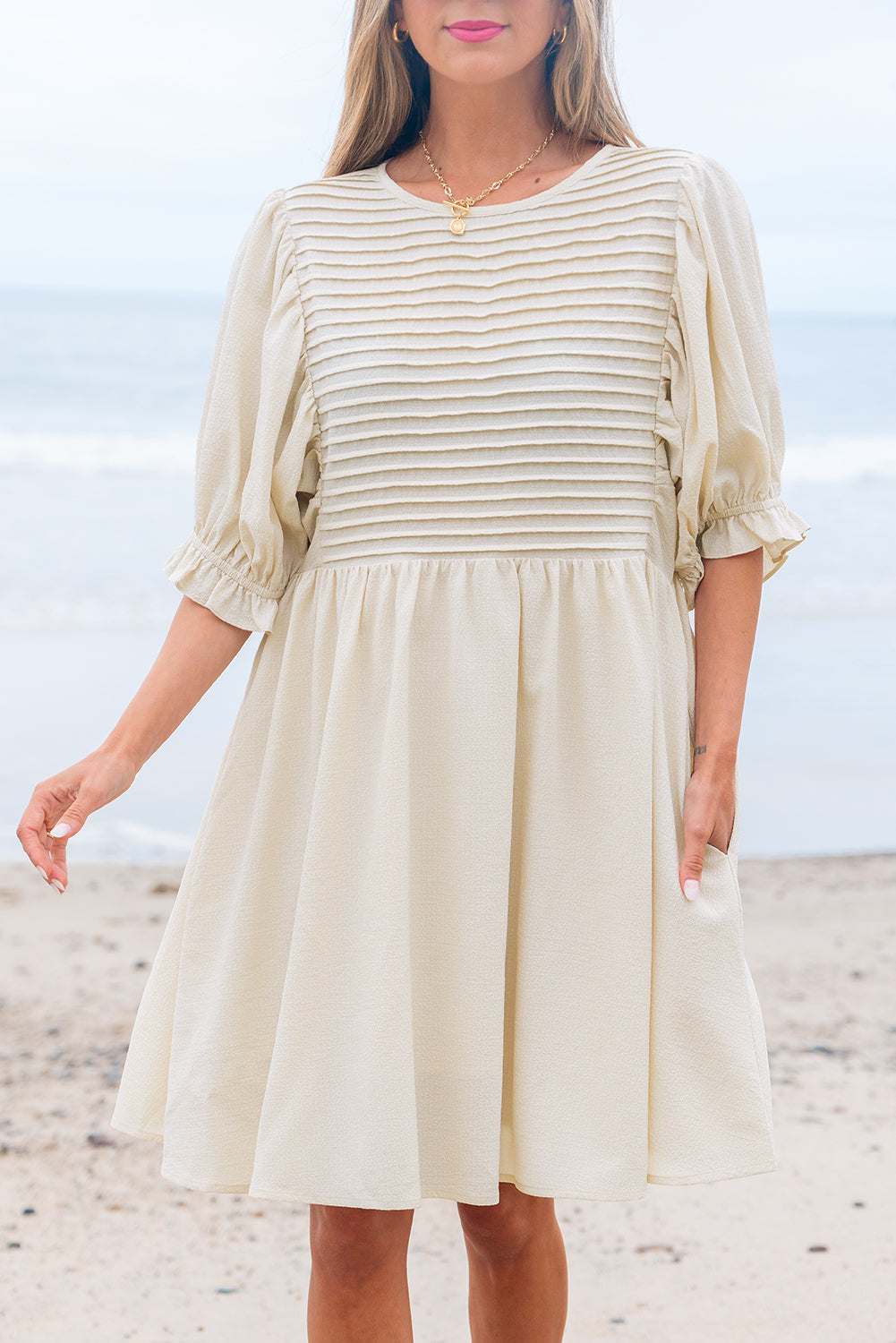 Textured Ruffled Puff Sleeve Loose Dress