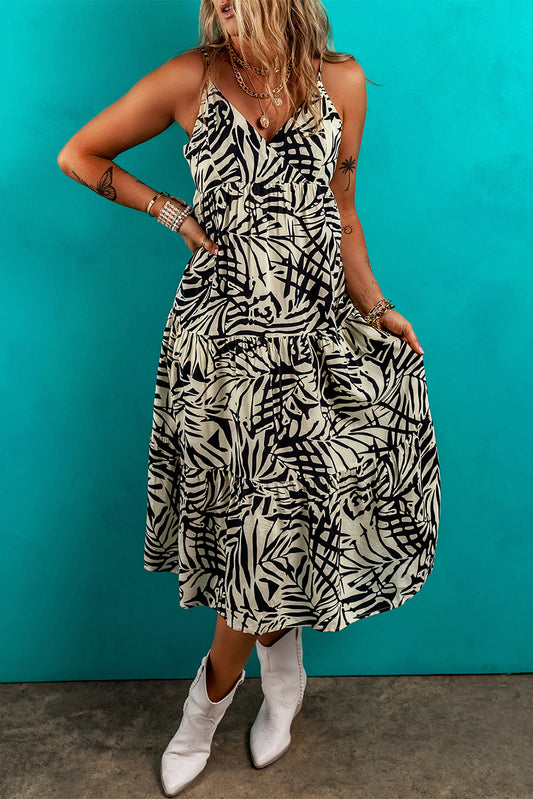 Tropical Palm Print Wrapped V Neck Spaghetti Straps Tiered Dress