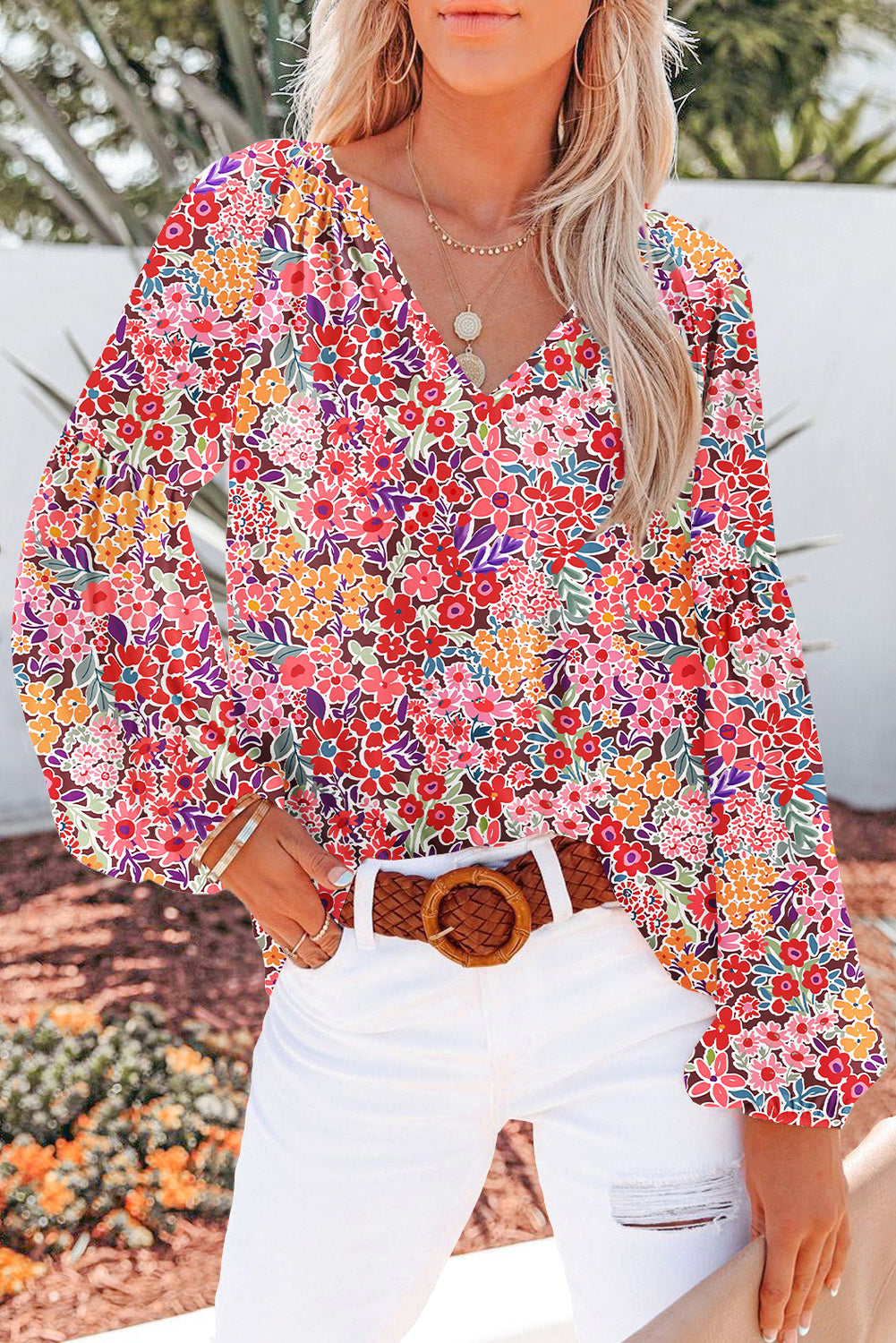 Floral Print V Neck Long Puff Sleeve Top