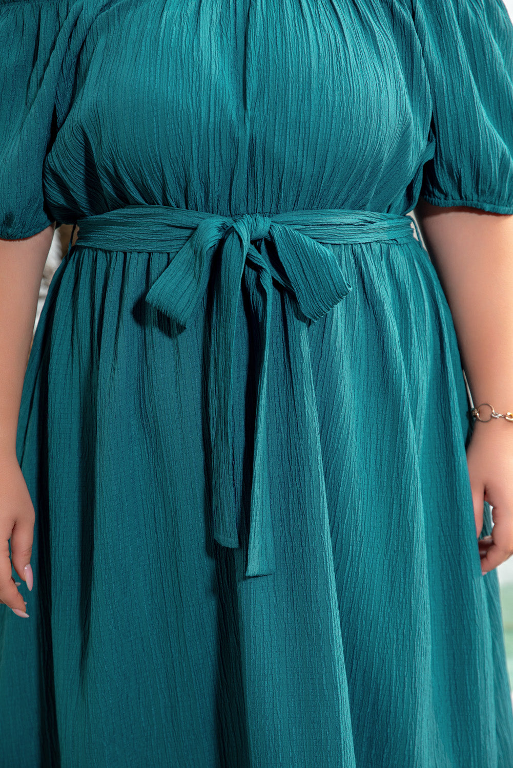 Frilled U Neck Puff Sleeve Belted Ruffle Hem Plus Size Midi Dress