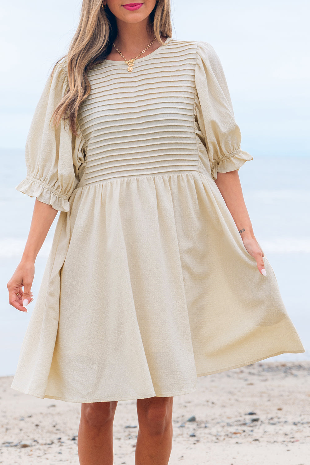 Textured Ruffled Puff Sleeve Loose Dress