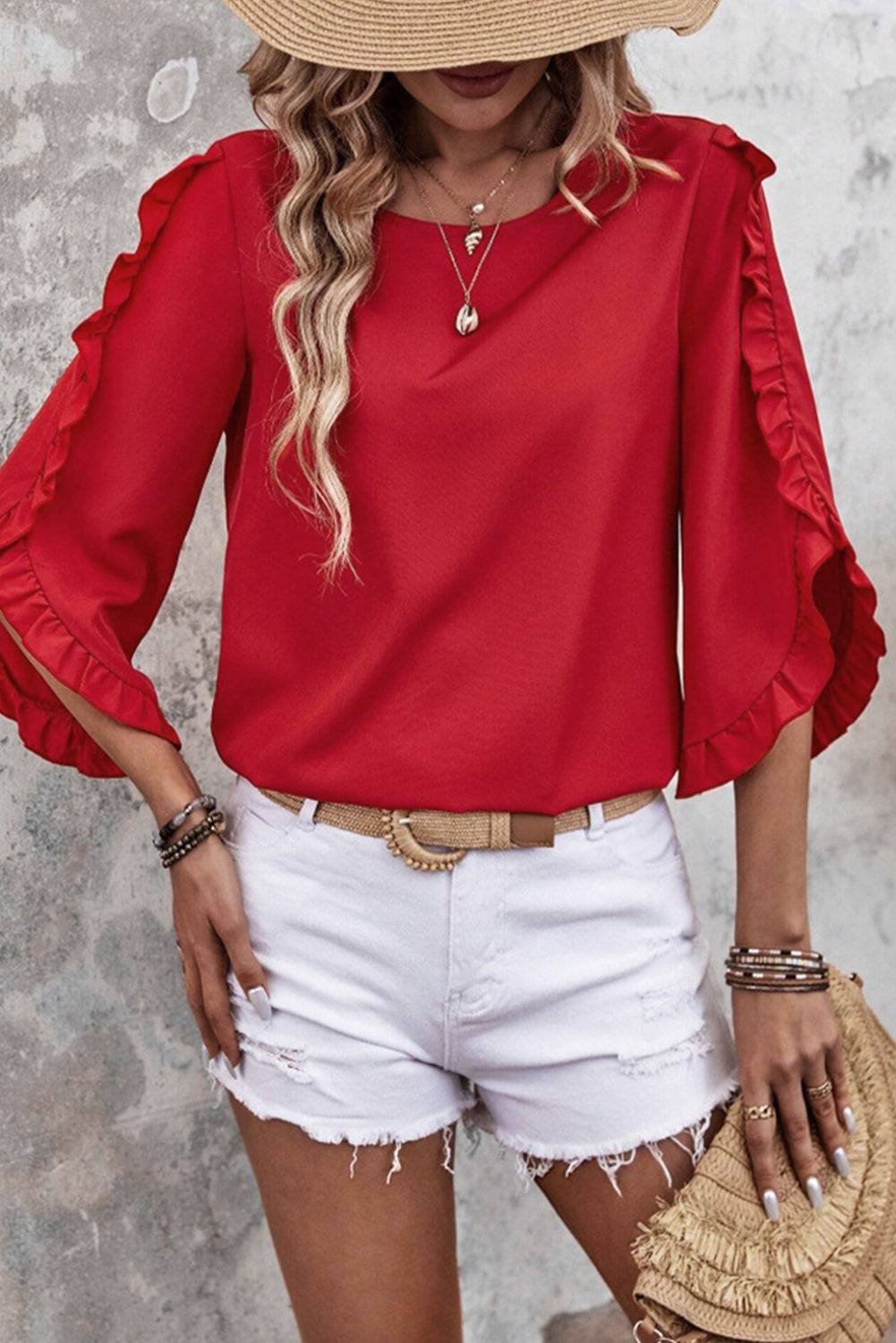 Ruffle Trimmed 3/4 Sleeve Round Neck Blouse
