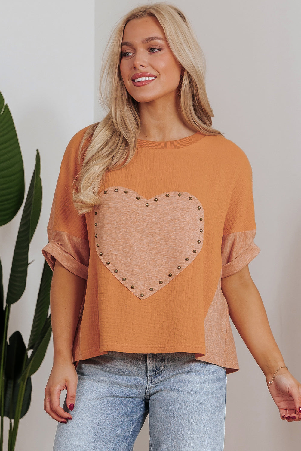 Stud Heart Patch Textured Front Dolman Top