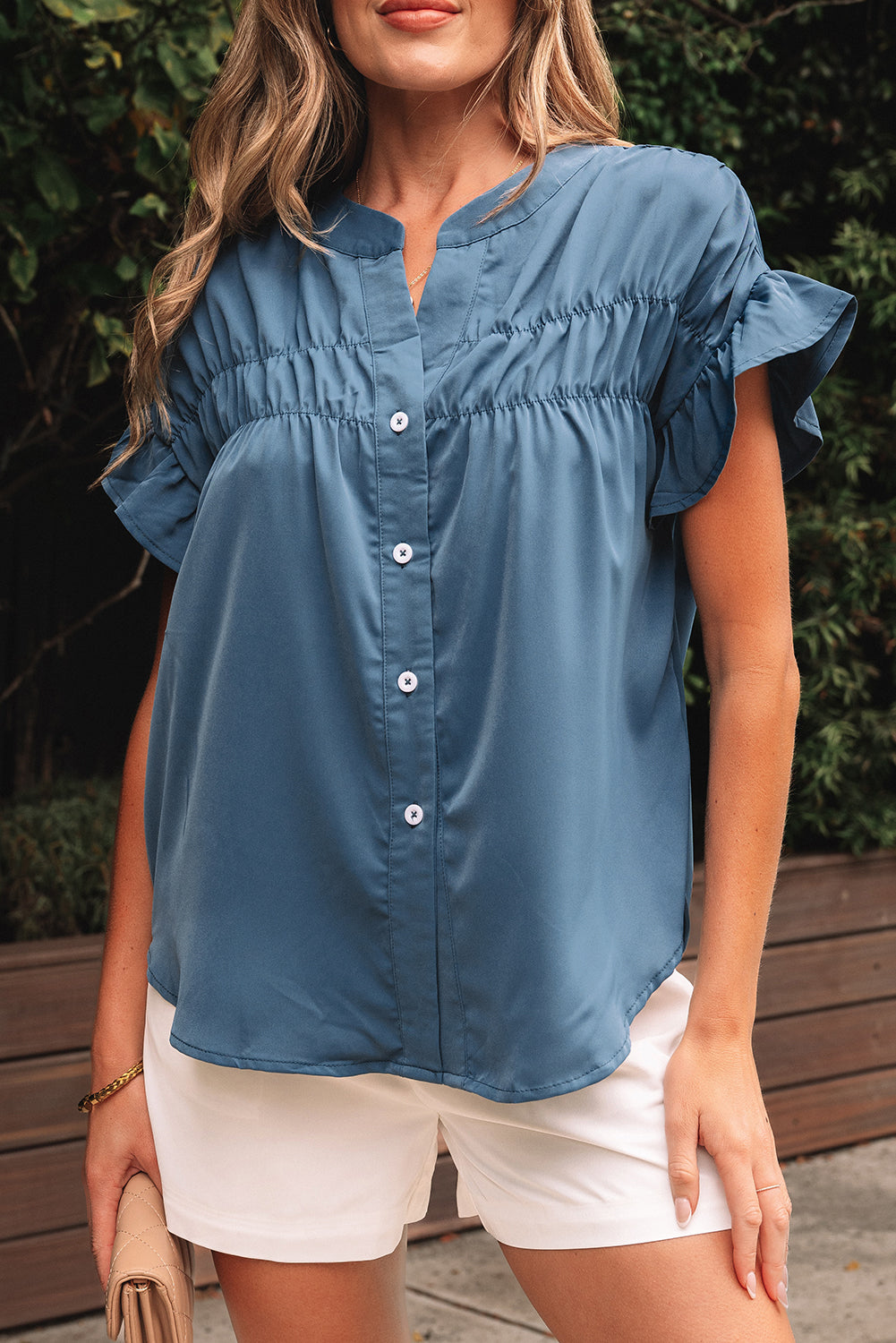 Solid Color Ruffle Ruched Short Sleeve Buttoned Shirt