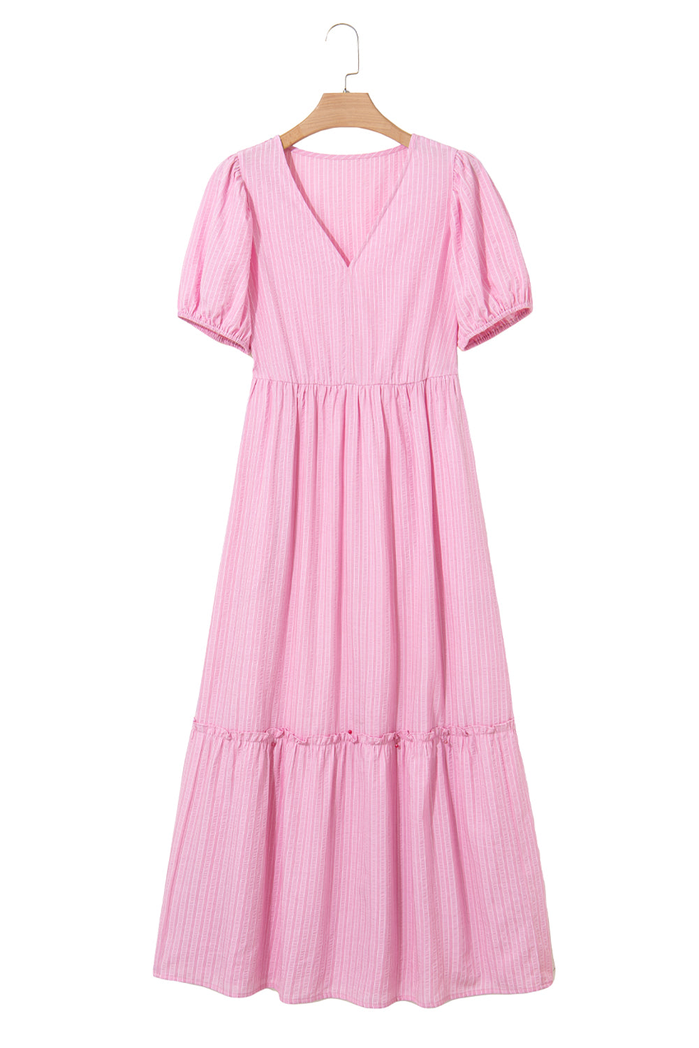 Stripe V Neck Puff Short Sleeve Maxi Dress