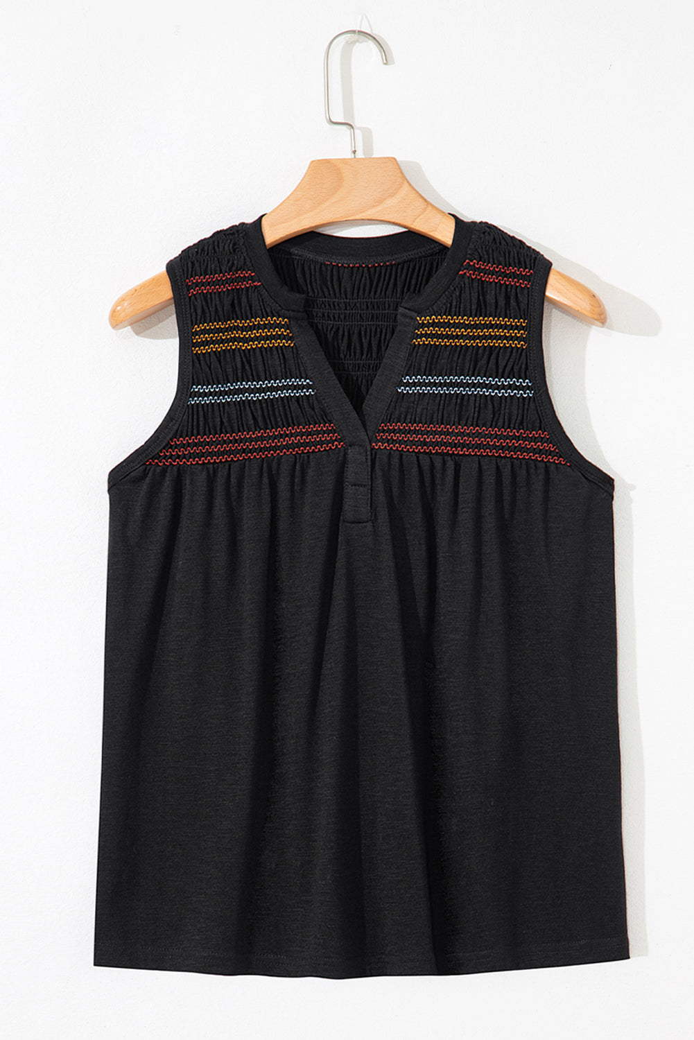 Colorful Shirred Yoke Notched V Neck Tank Top