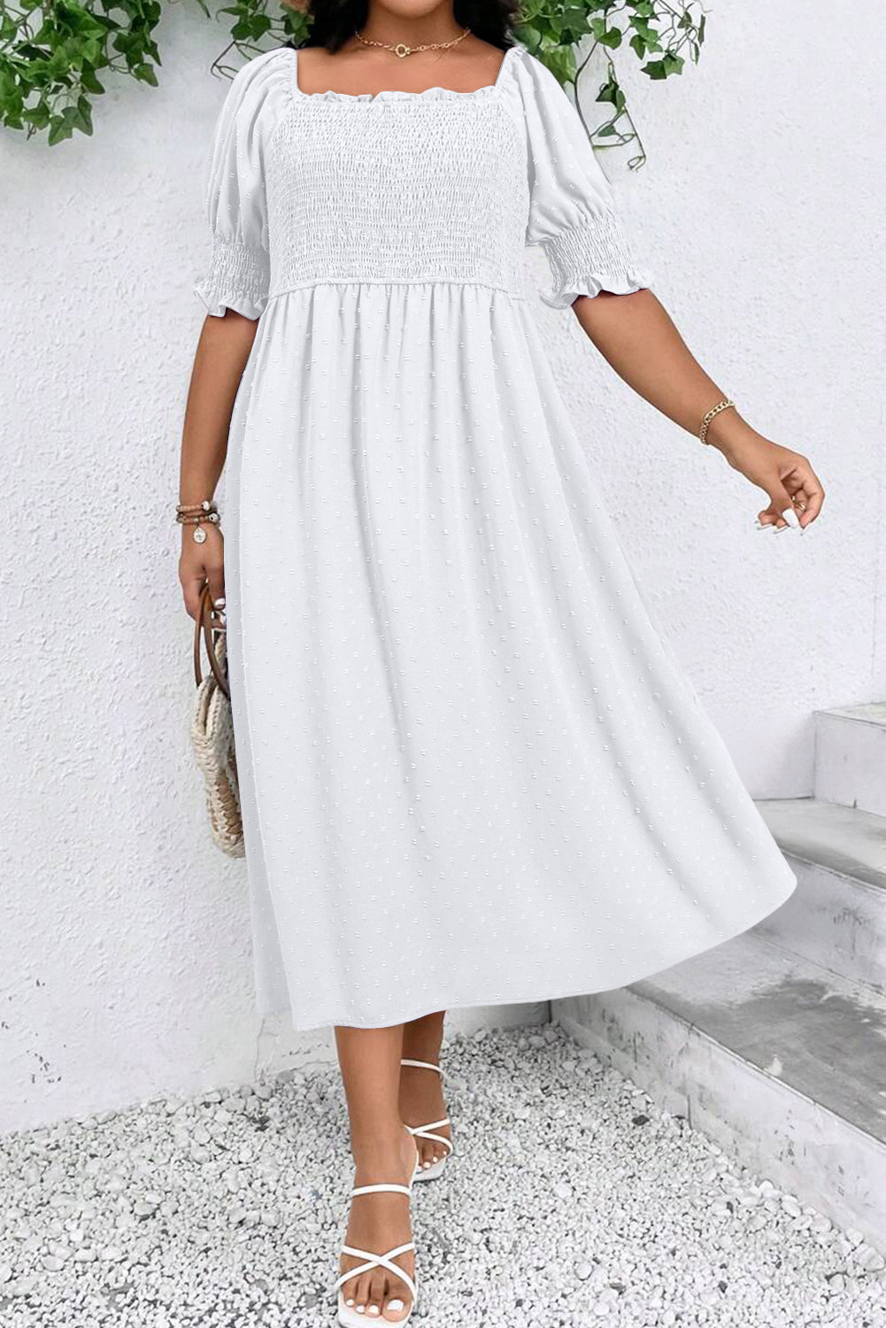 Swiss Dot Smocked Frilled Neckline Short Sleeve Plus Size Dress