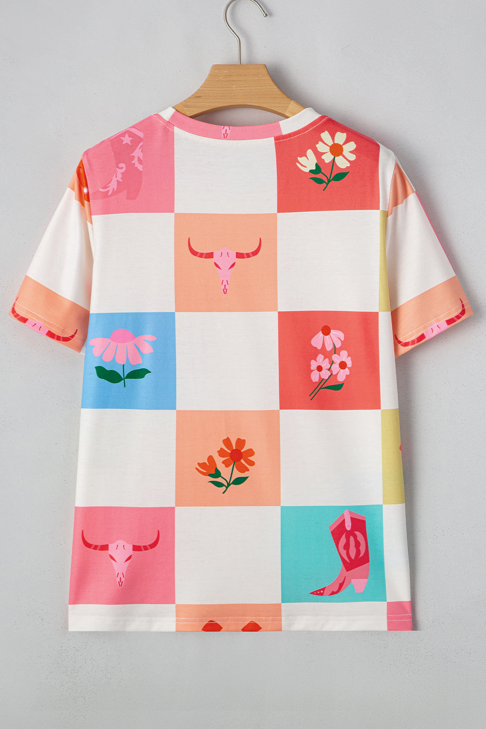 Western Fashion Checker Print Crewneck T Shirt