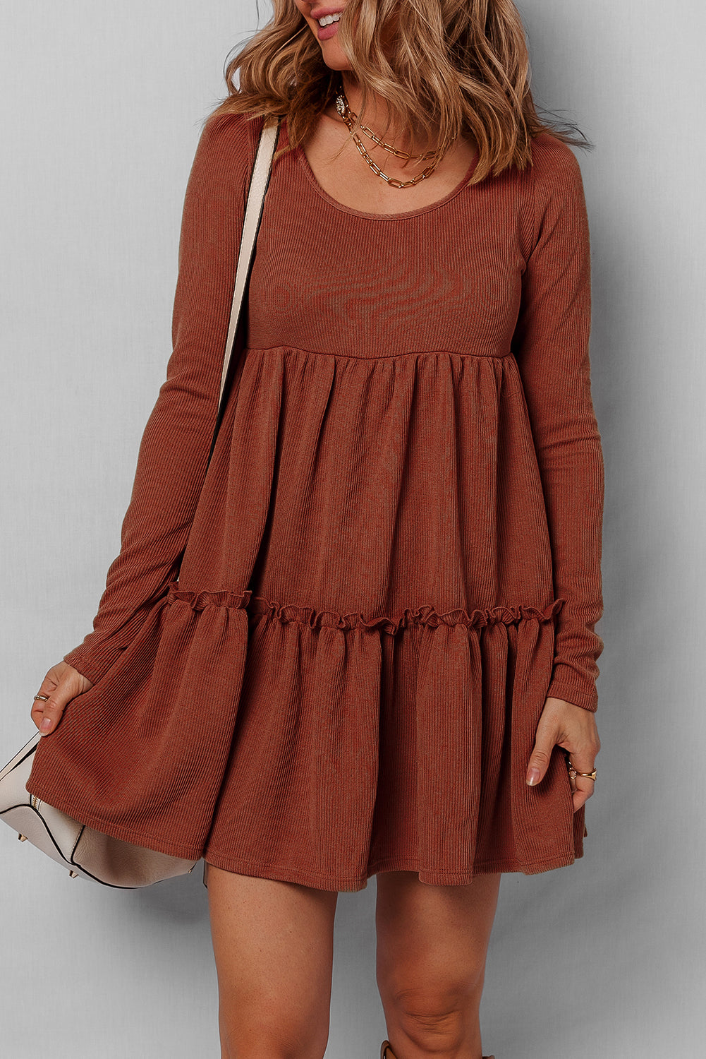 Ribbed Frilled Trim High Waist Long Sleeve Mini Dress