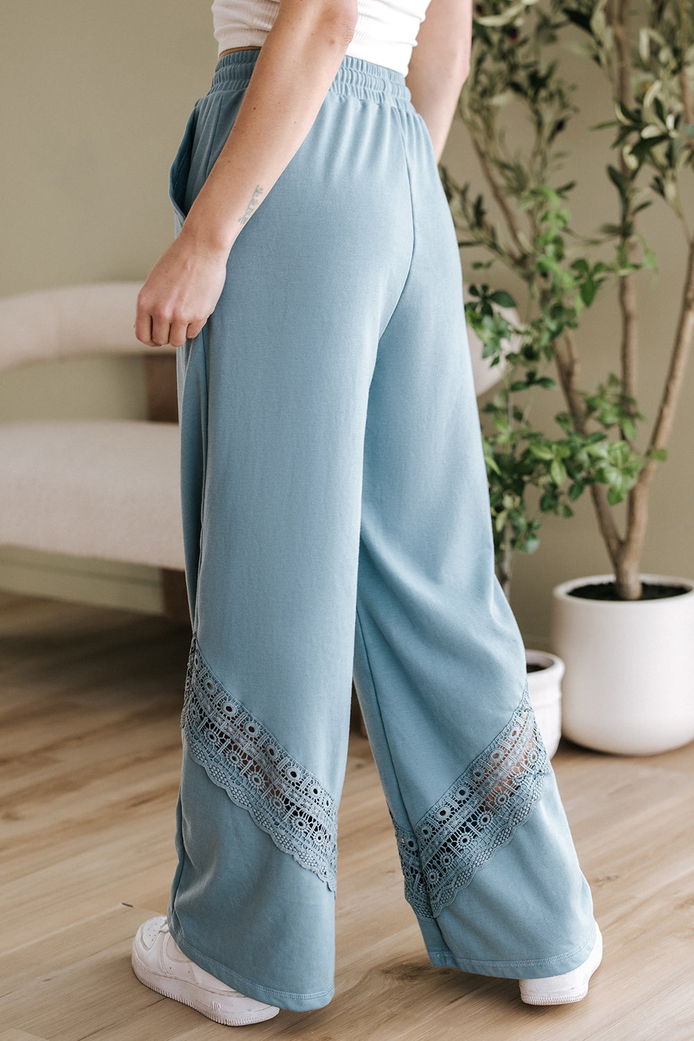 Lace Crochet Patched Lace-up High Waist Wide Leg Pants