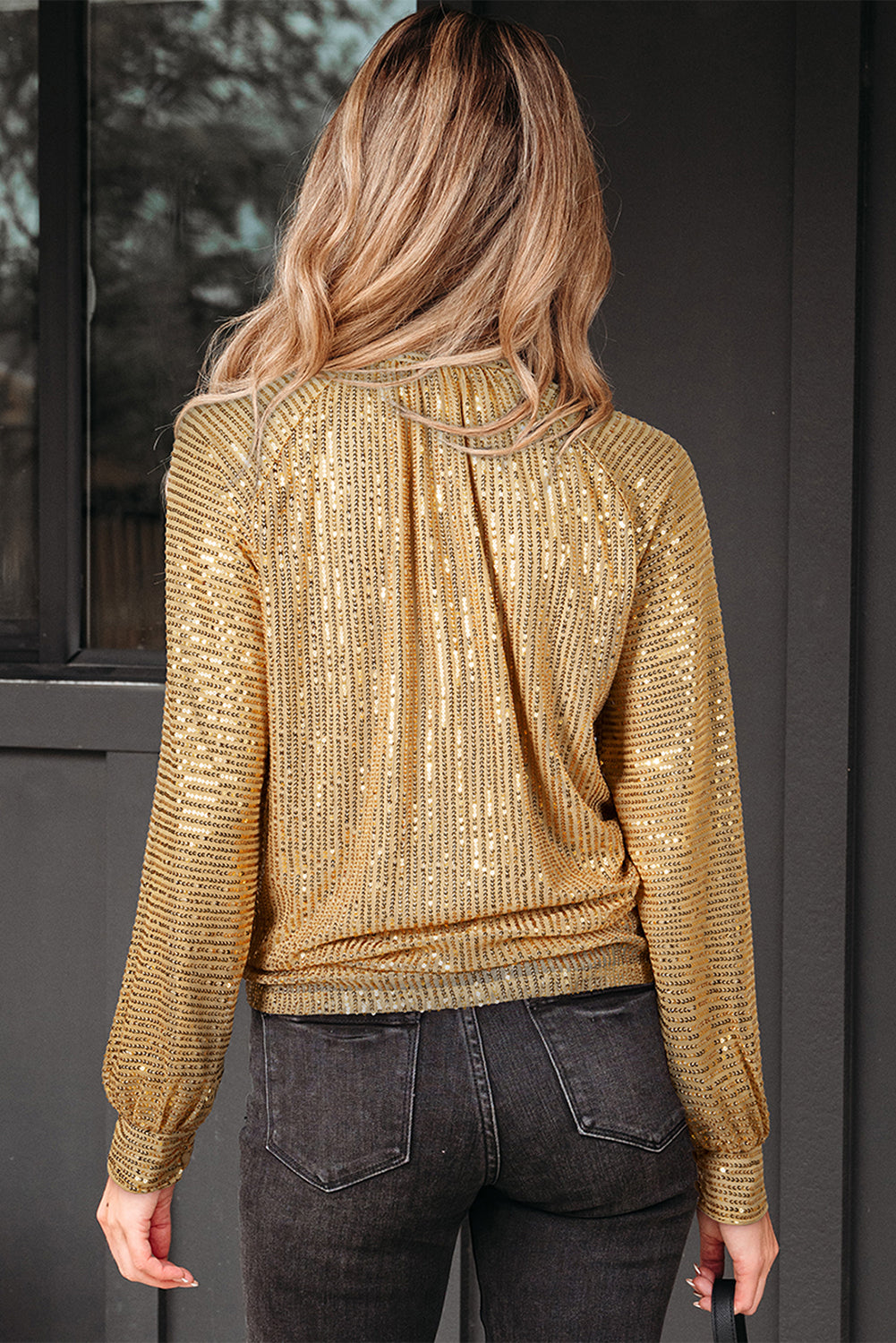 Metallic Balloon Sleeve Buttoned High Neck Loose Blouse