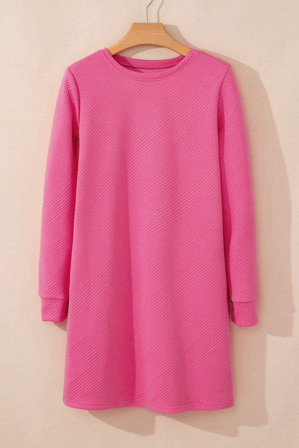 Solid Color Textured Long Sleeve Shift Dress