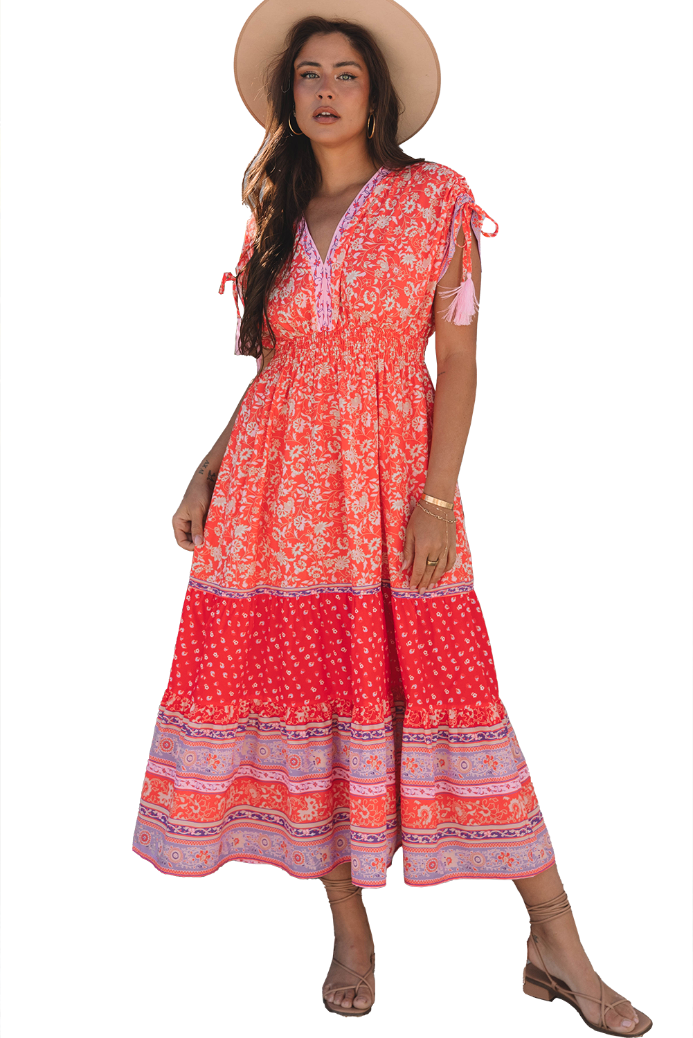 Floral Print Tasseled Tied Sleeve Empire Waist Maxi Dress