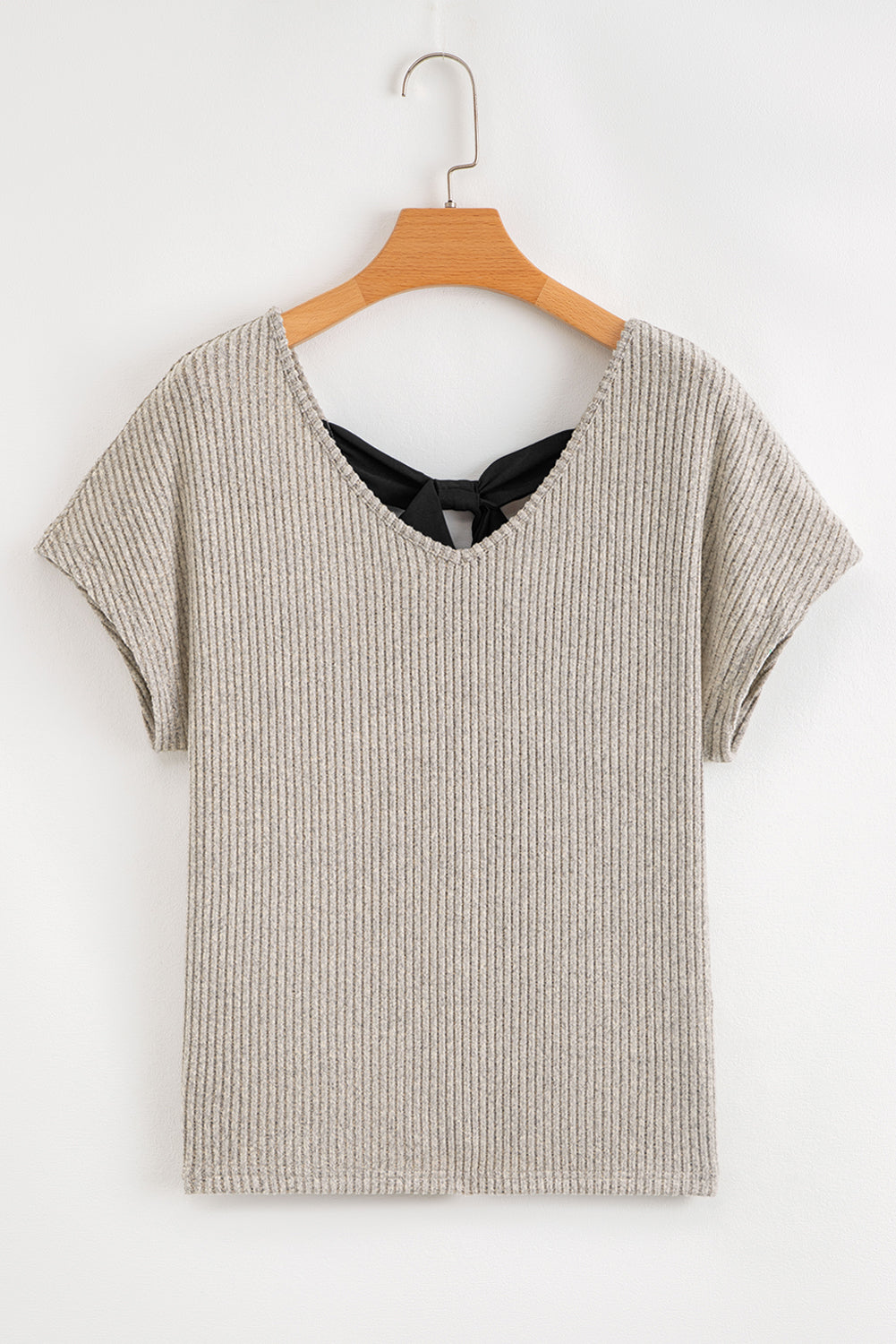 Ribbed Short Sleeve V Neck Colorblock Bow Back Top