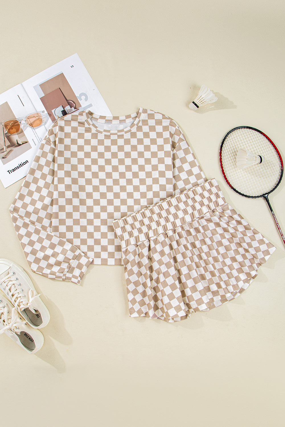 Checkered Long Sleeve Crop Top High Waist Skort 2pcs Set