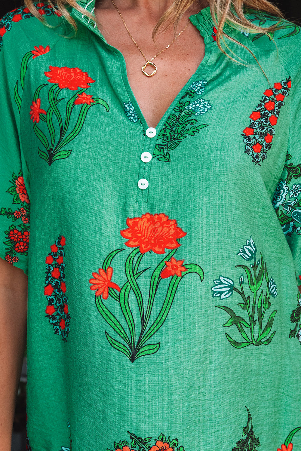 Floral Print Buttoned V Neck Short Sleeve Blouse