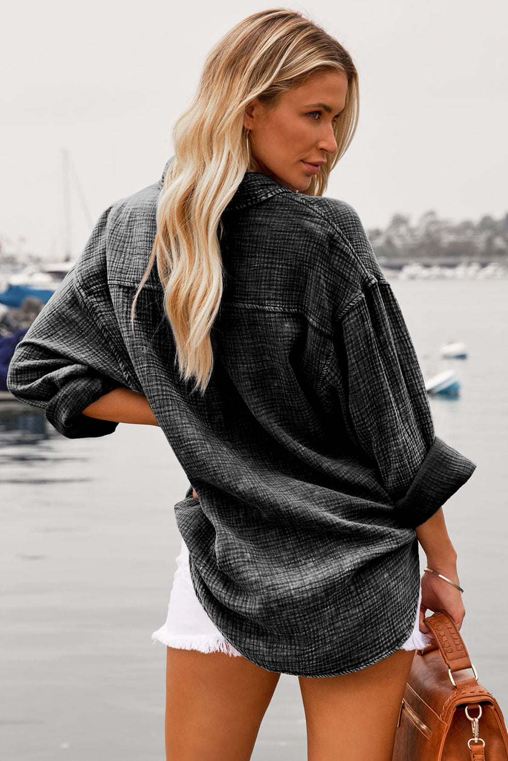 Mineral Wash Crinkle Textured Chest Pockets Shirt