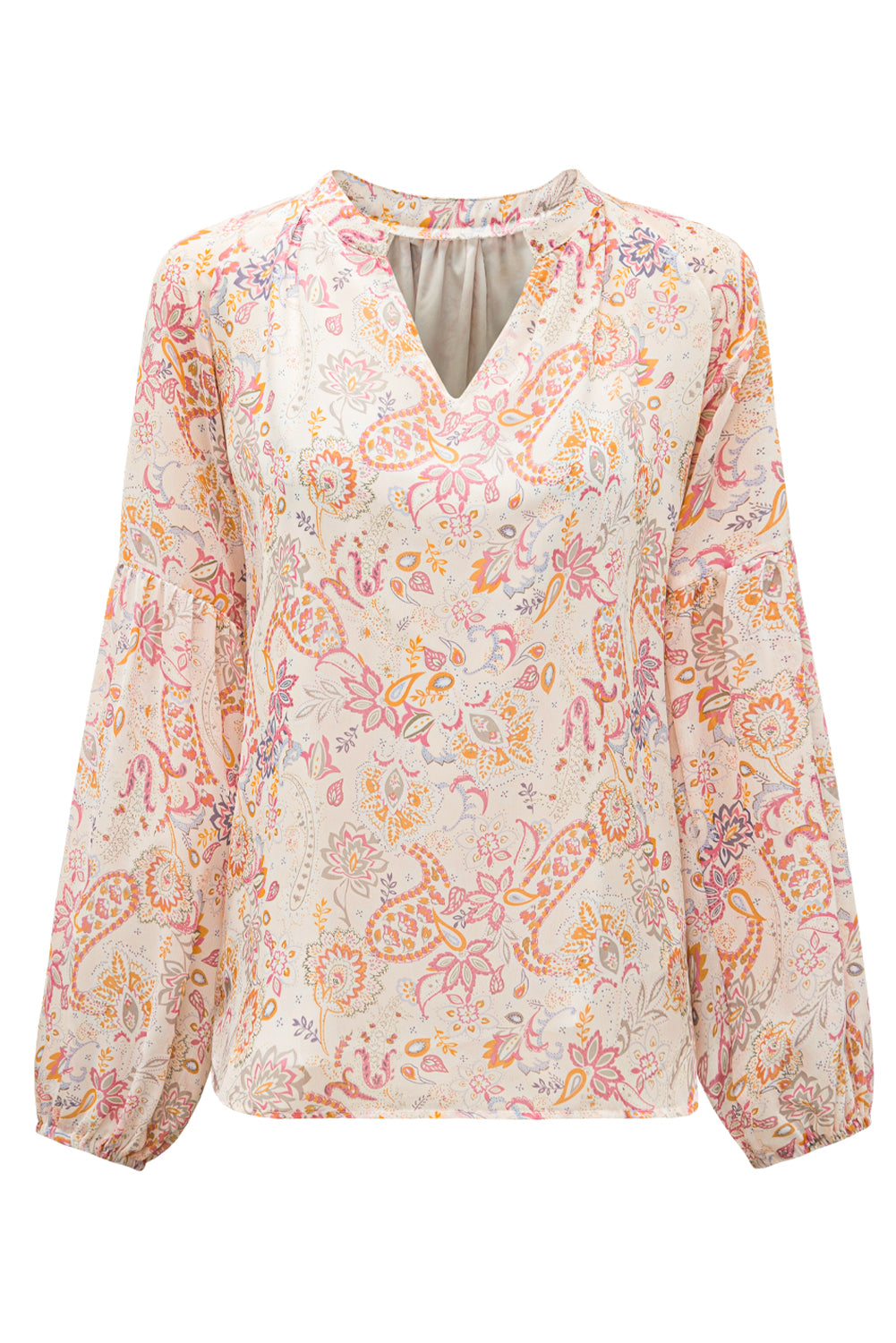 Floral Print V Neck Long Puff Sleeve Top