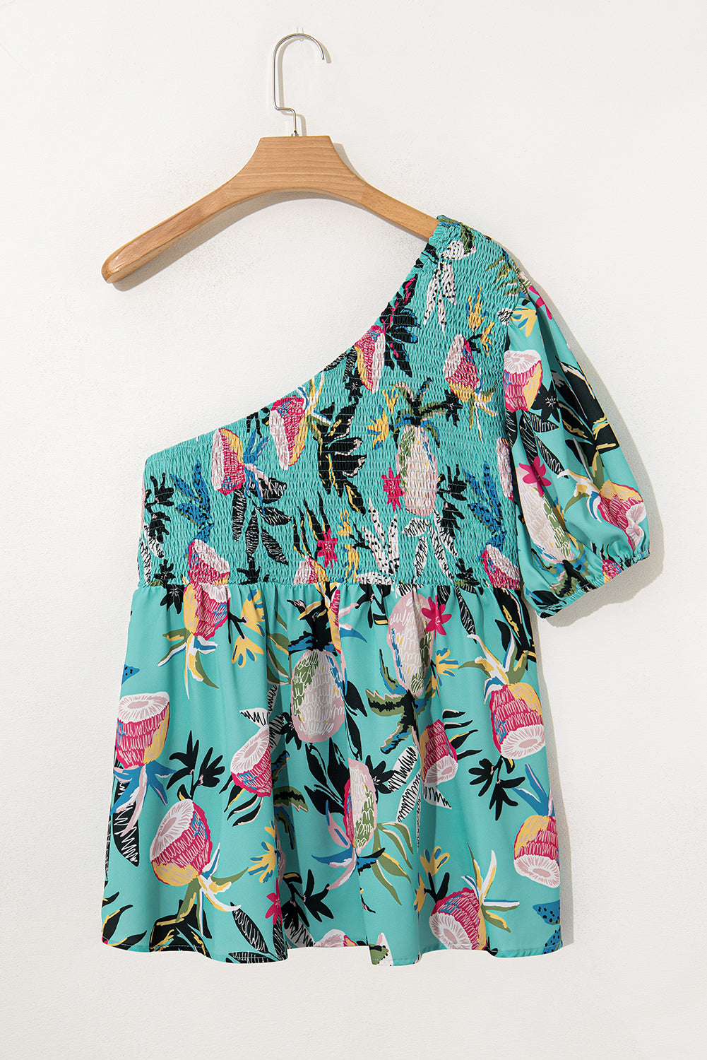 Plus Size Floral Smocked Bodice Single Puff Short Sleeve Babydoll Blouse