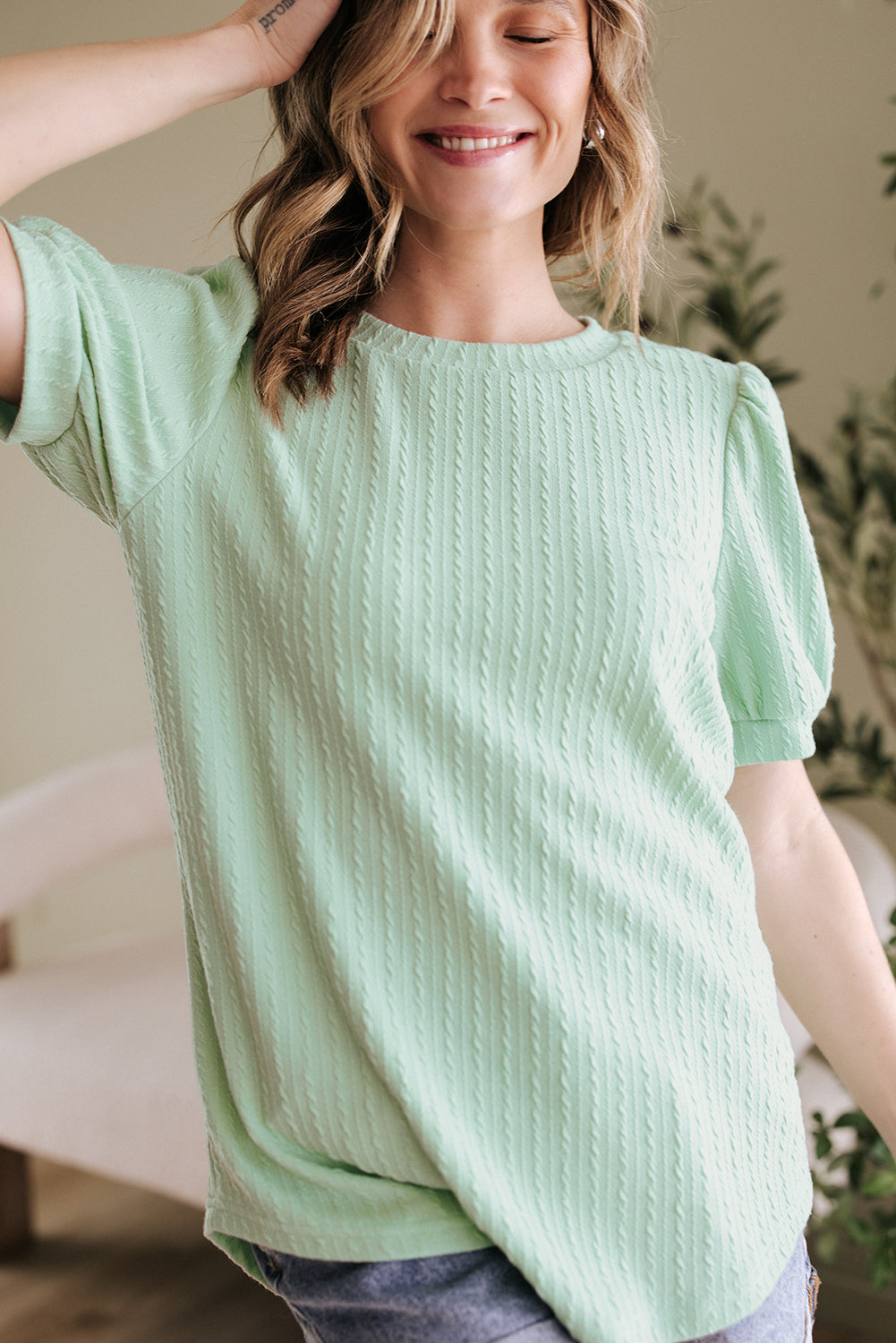 Textured Round Neck Short Puff Sleeve Top
