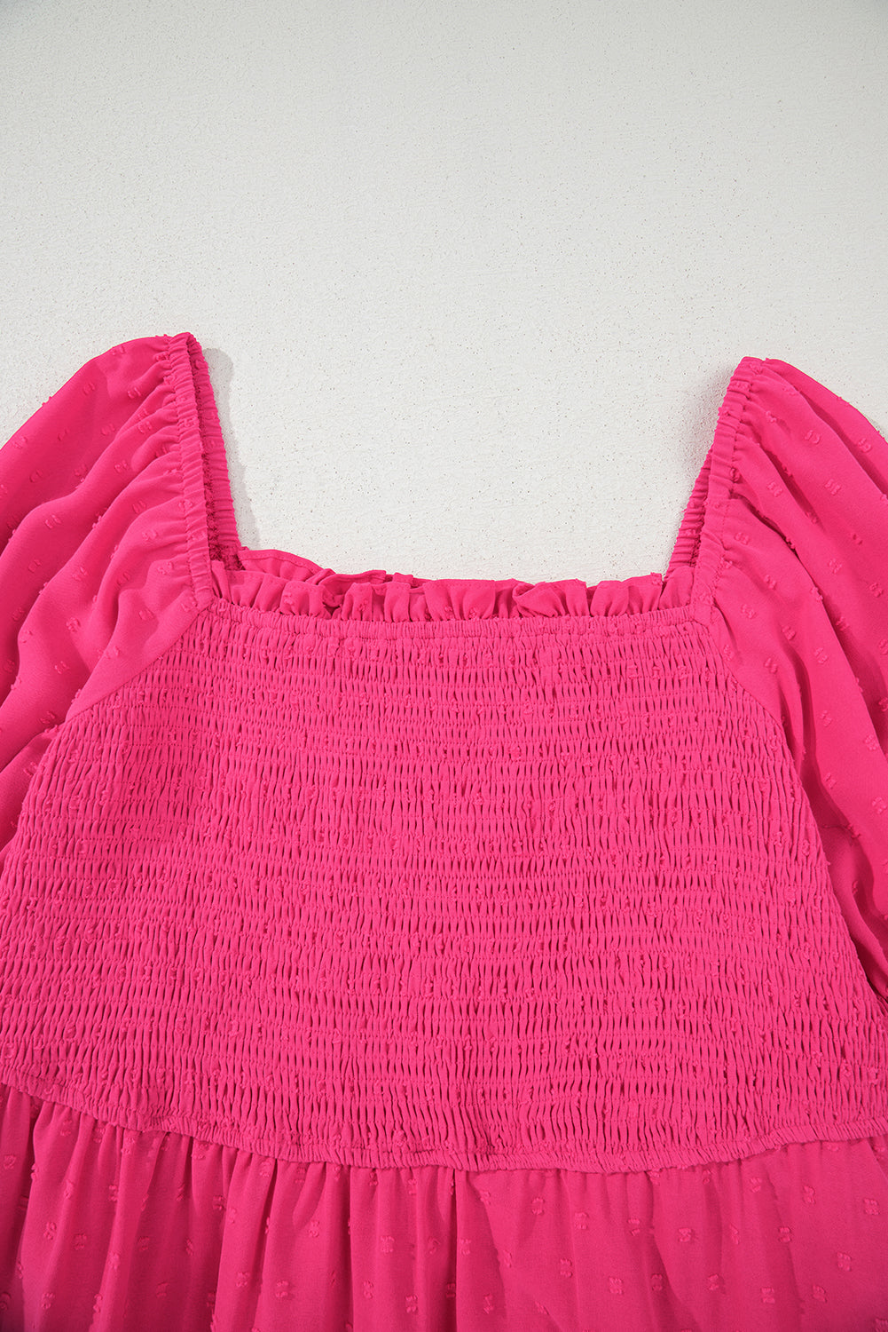 Swiss Dot Smocked Frilled Neckline Short Sleeve Plus Size Dress