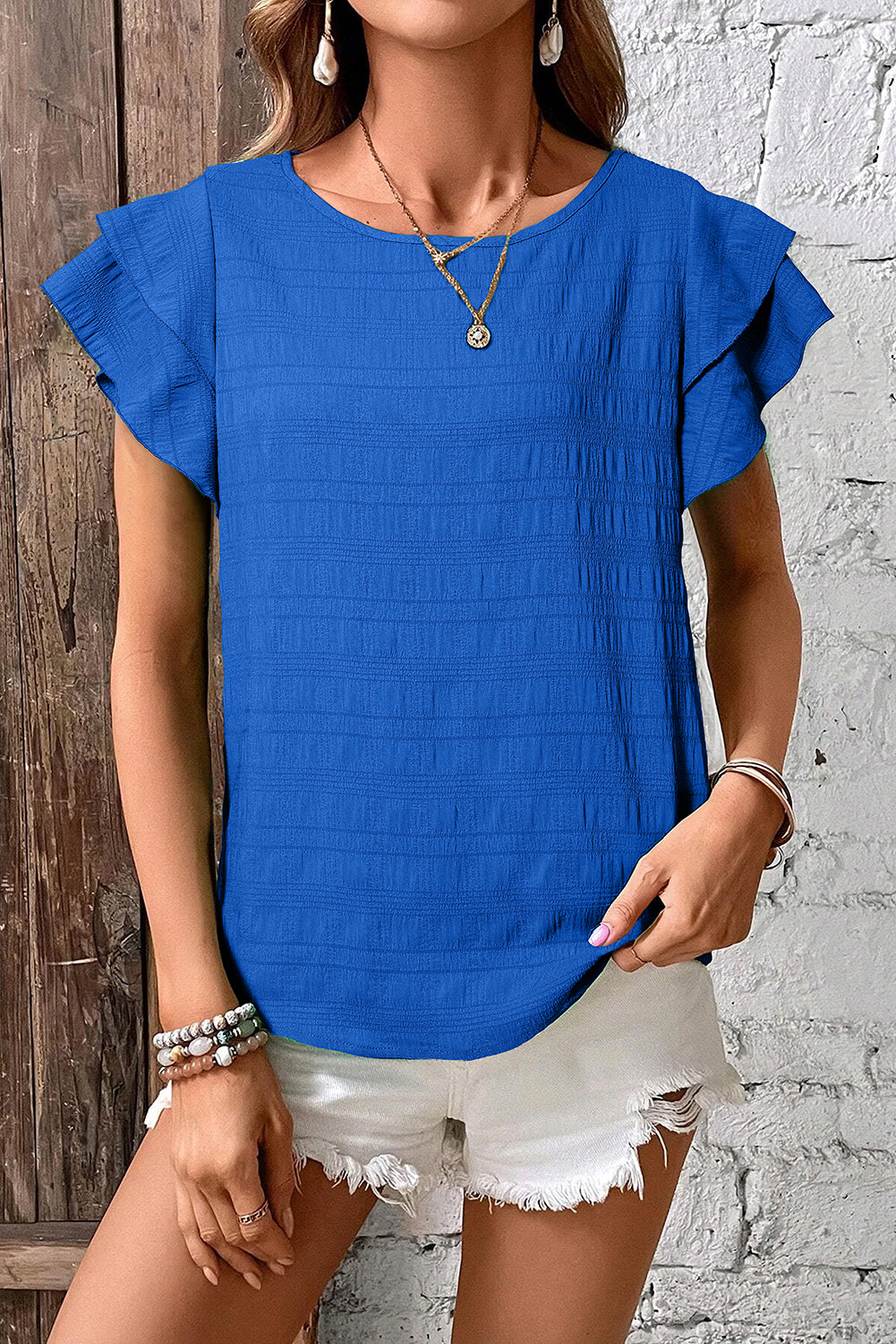 Textured Ruffled Sleeve Round Neck Top