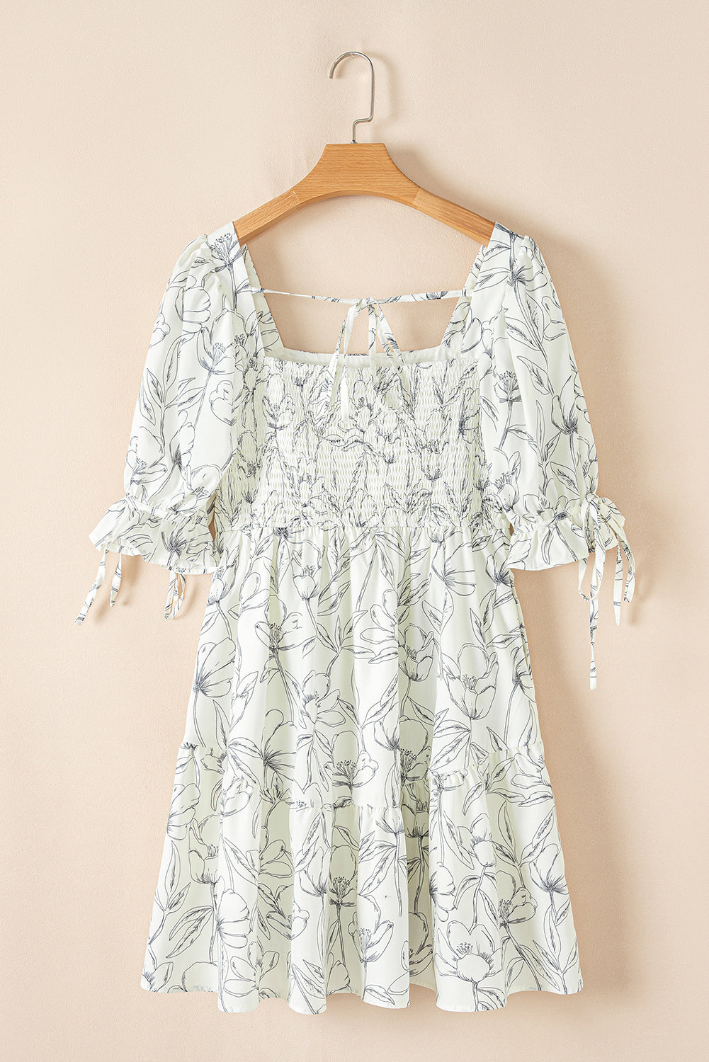 Floral Print Square Neck Shirred Back Puff Sleeve Mini Dress