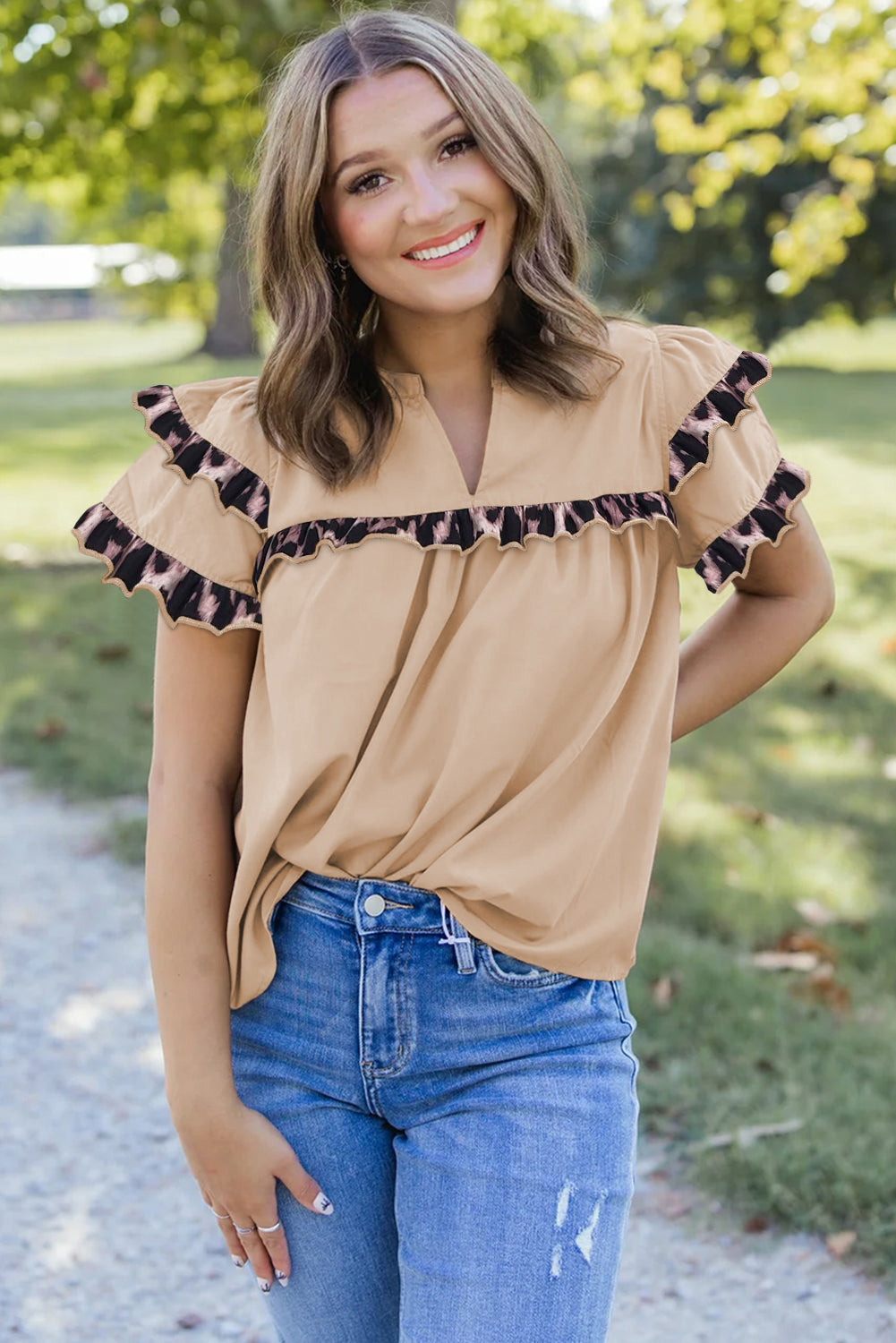Leopard Ruffles Trim Tiered Short Sleeve Blouse