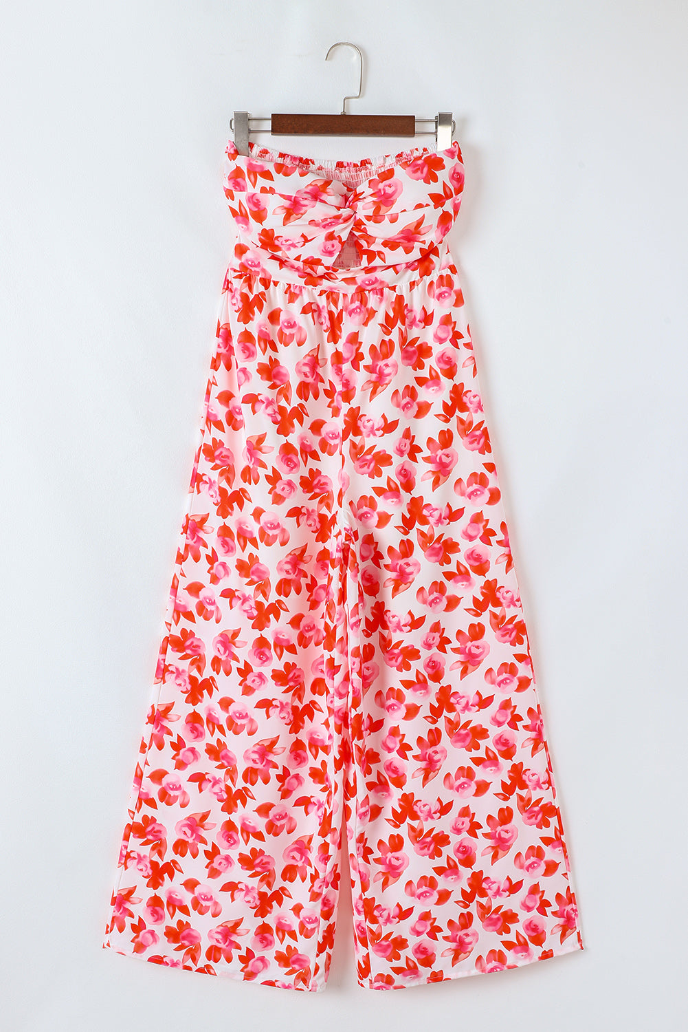 Floral Print Twisted Bandeau Keyhole Pleated Wide Leg Jumpsuit