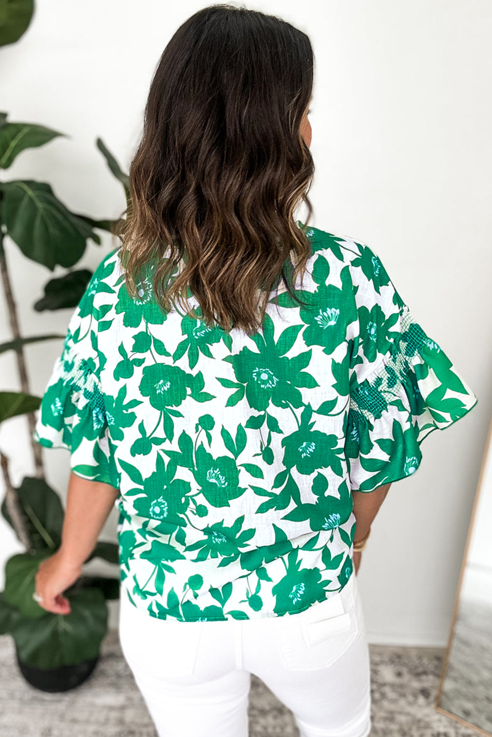 Floral Printed Ruffled Short Sleeve Round Neck Loose Blouse