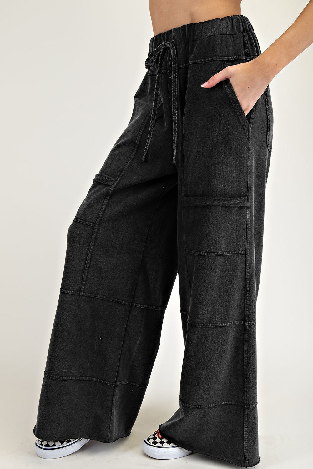 Mineral Wash Exposed Seam Drawstring High Waist Wide Leg Cargo Pants