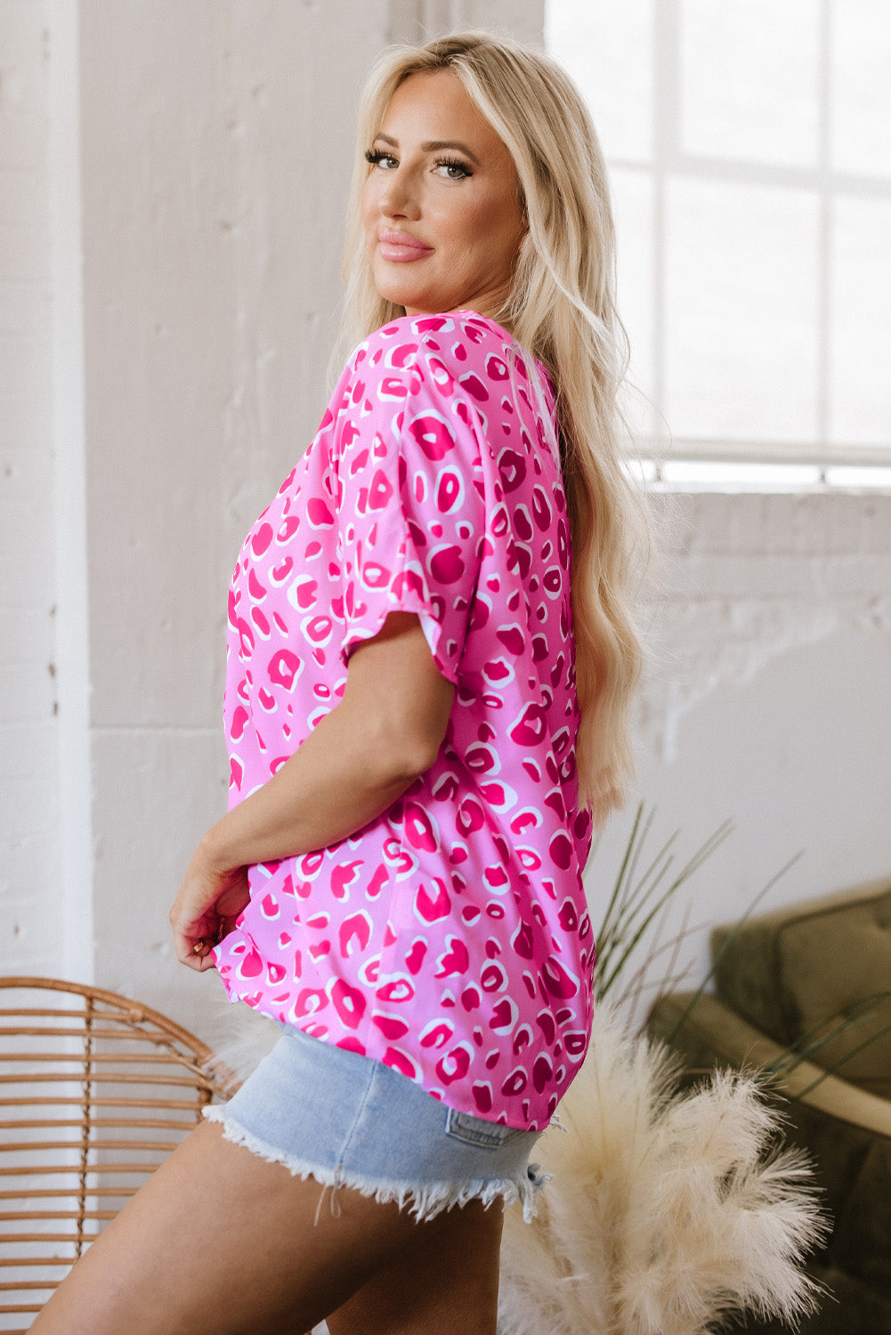Leopard V Neck Loose Short Sleeve Top