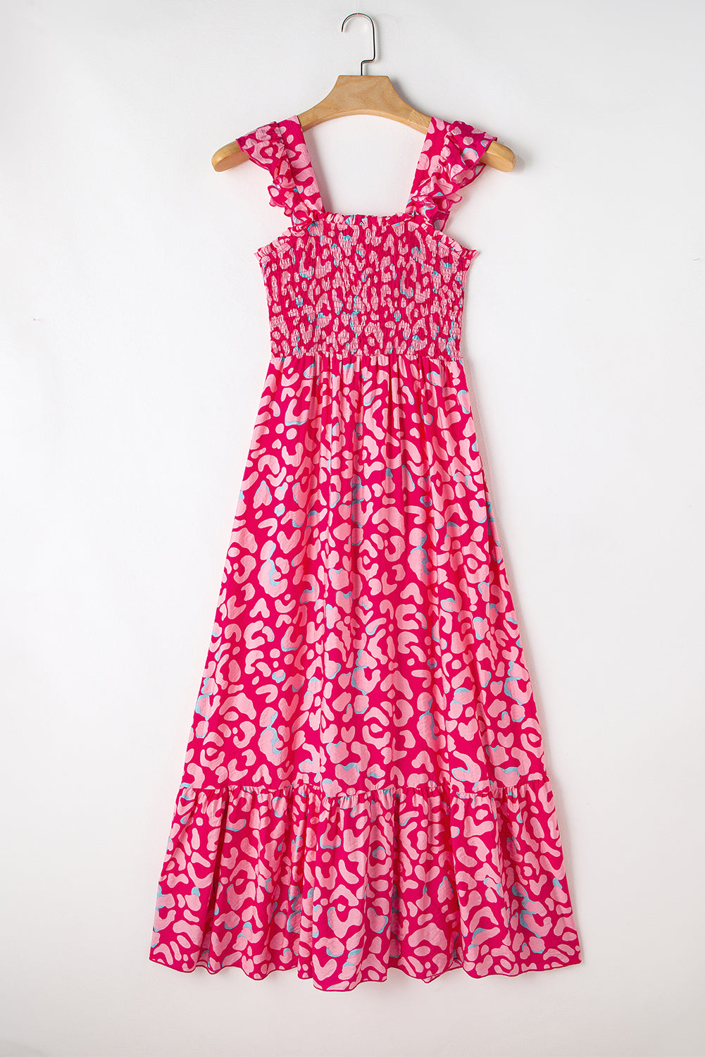 Leopard Ruffle Straps Smocked High Waist Long Dress