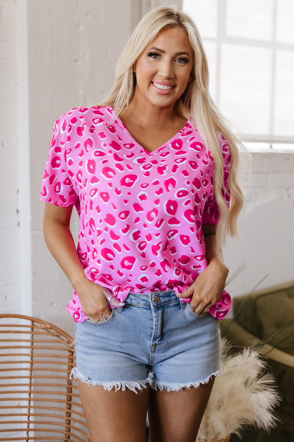 Leopard V Neck Loose Short Sleeve Top