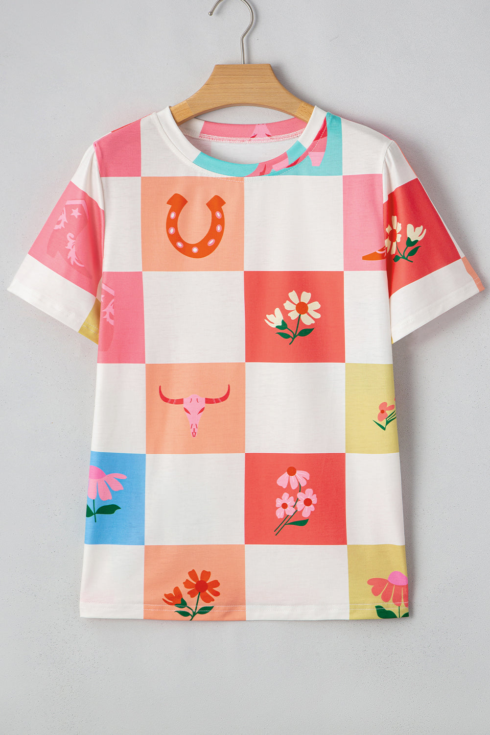 Western Fashion Checker Print Crewneck T Shirt